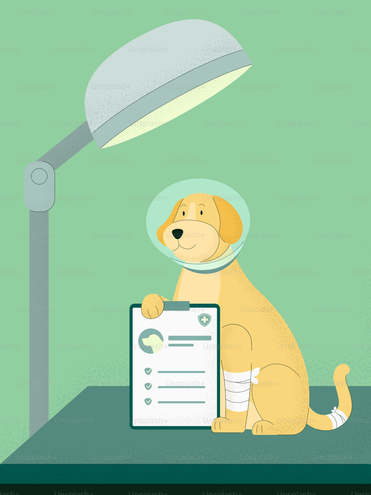 Chien avec un cône et des bandages chez le vétérinaire.