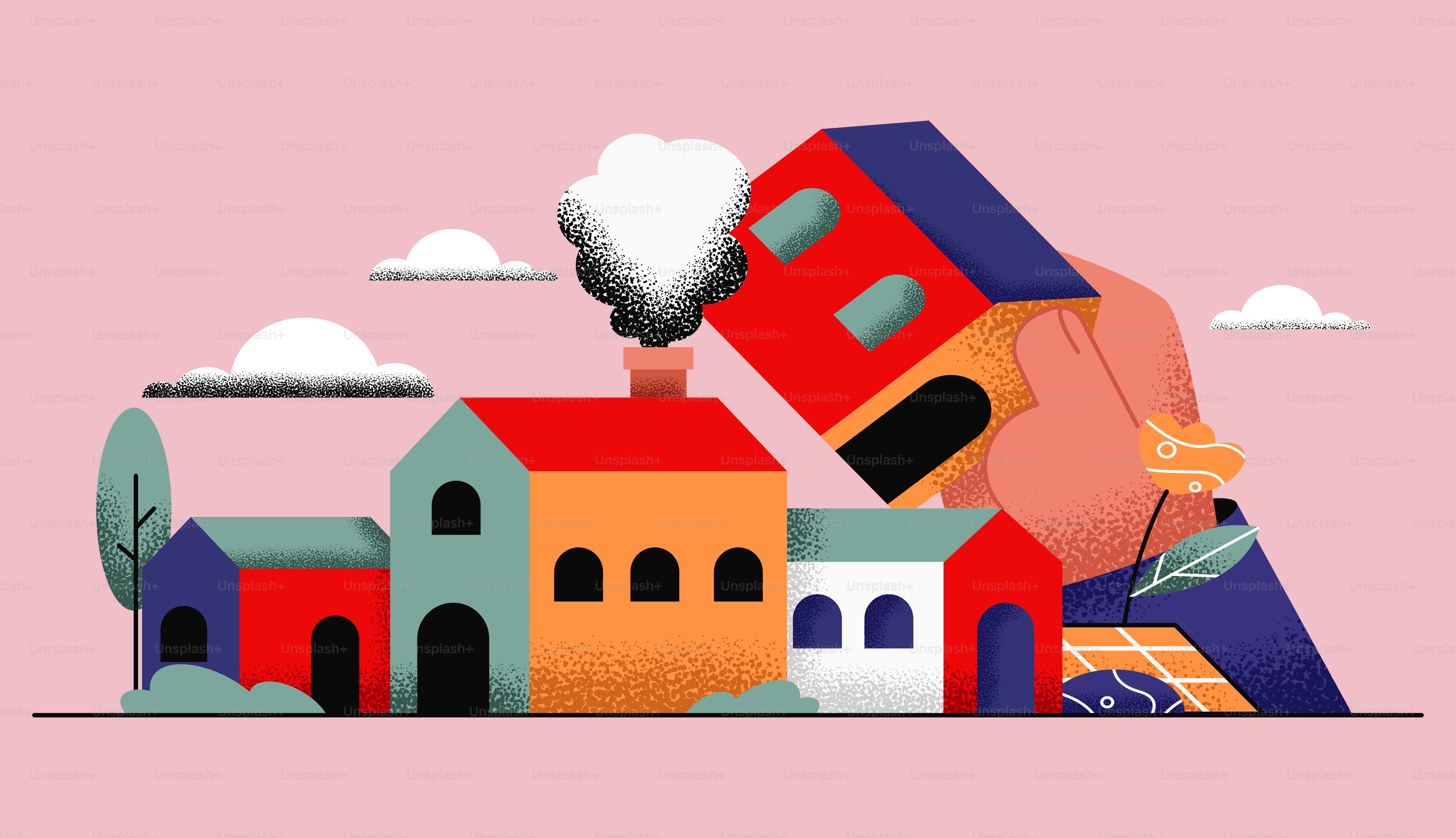 A hand is adding a house to a neighborhood.