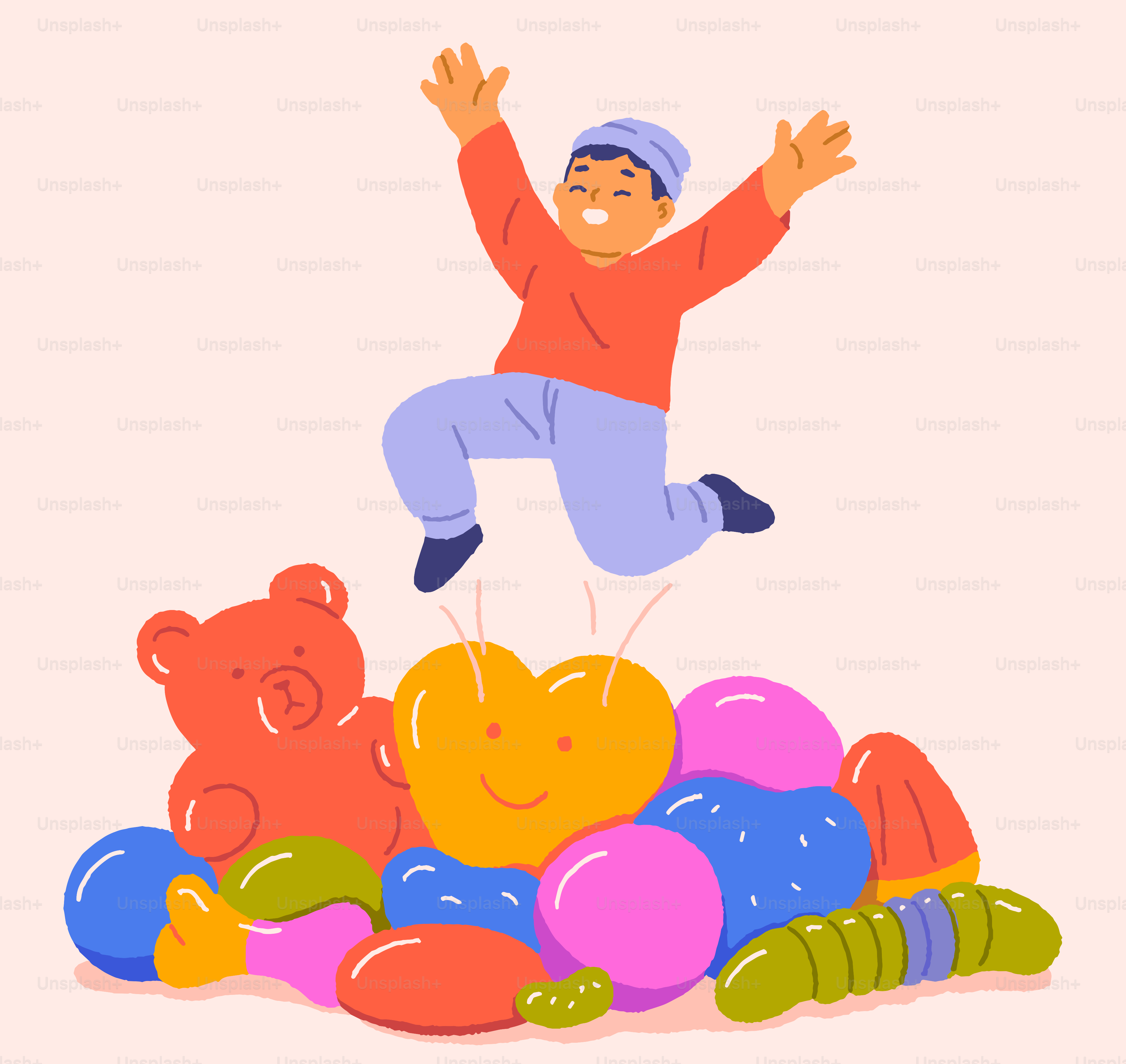 A happy child jumps over a pile of toys.