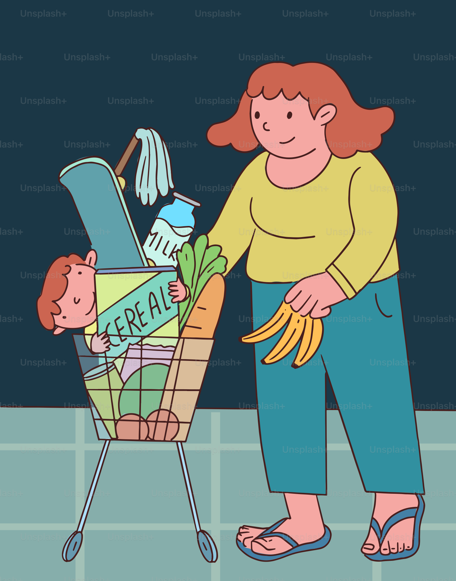 Une femme fait les courses avec son enfant.