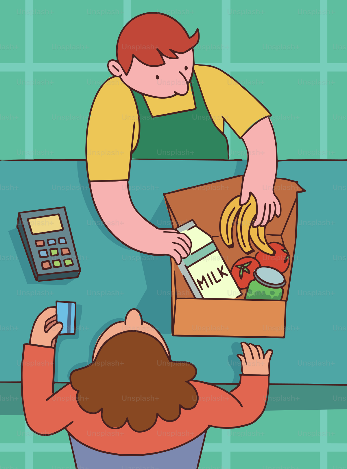 A cashier packs groceries into a bag for a customer.