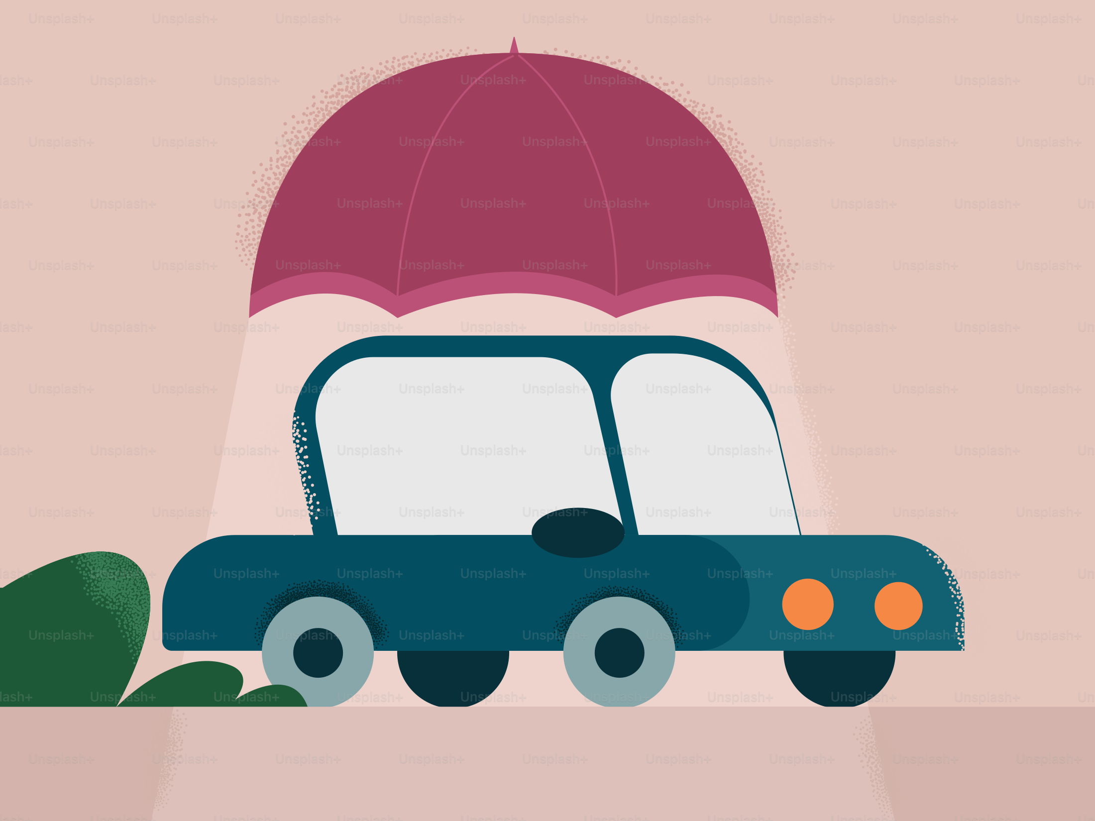 Um guarda-chuva protege um carro da chuva.