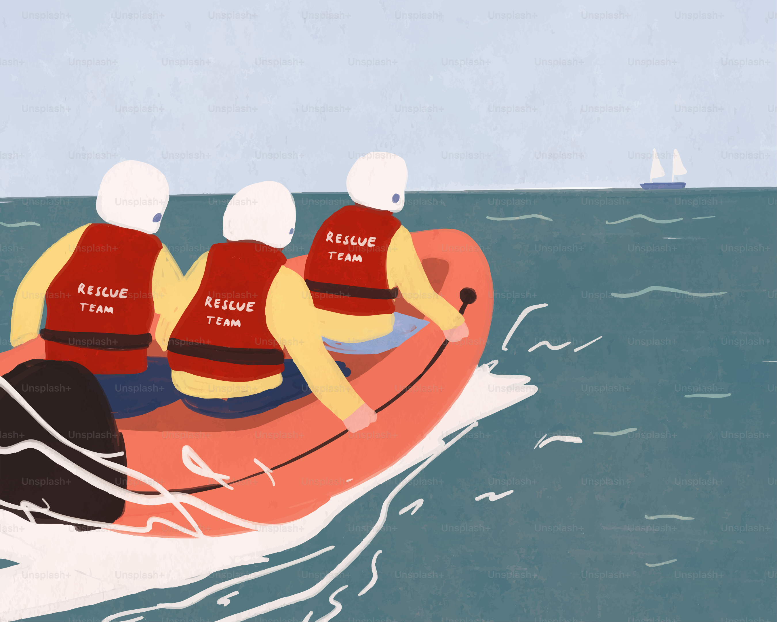 Rescue team members navigate a boat at sea.