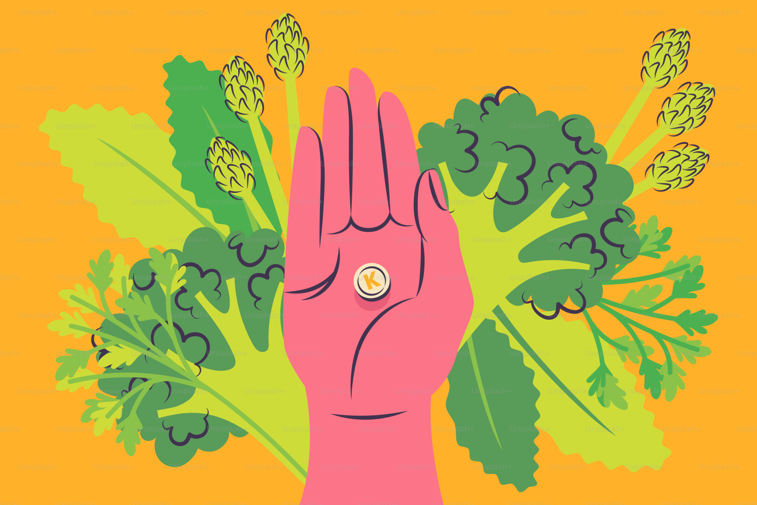 A hand holding a pill surrounded by vegetables.
