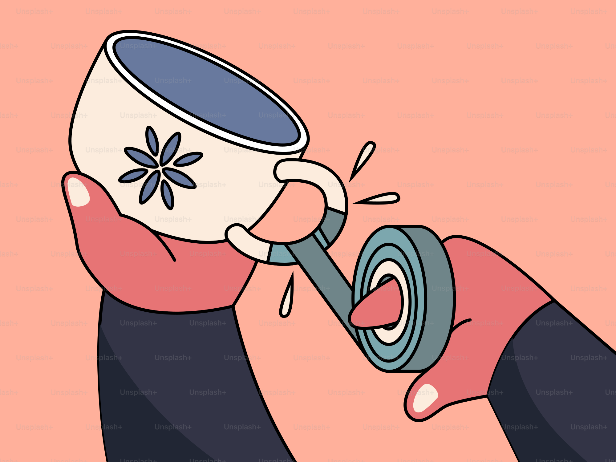 Jemand versucht, eine zerbrochene Tasse zu reparieren.