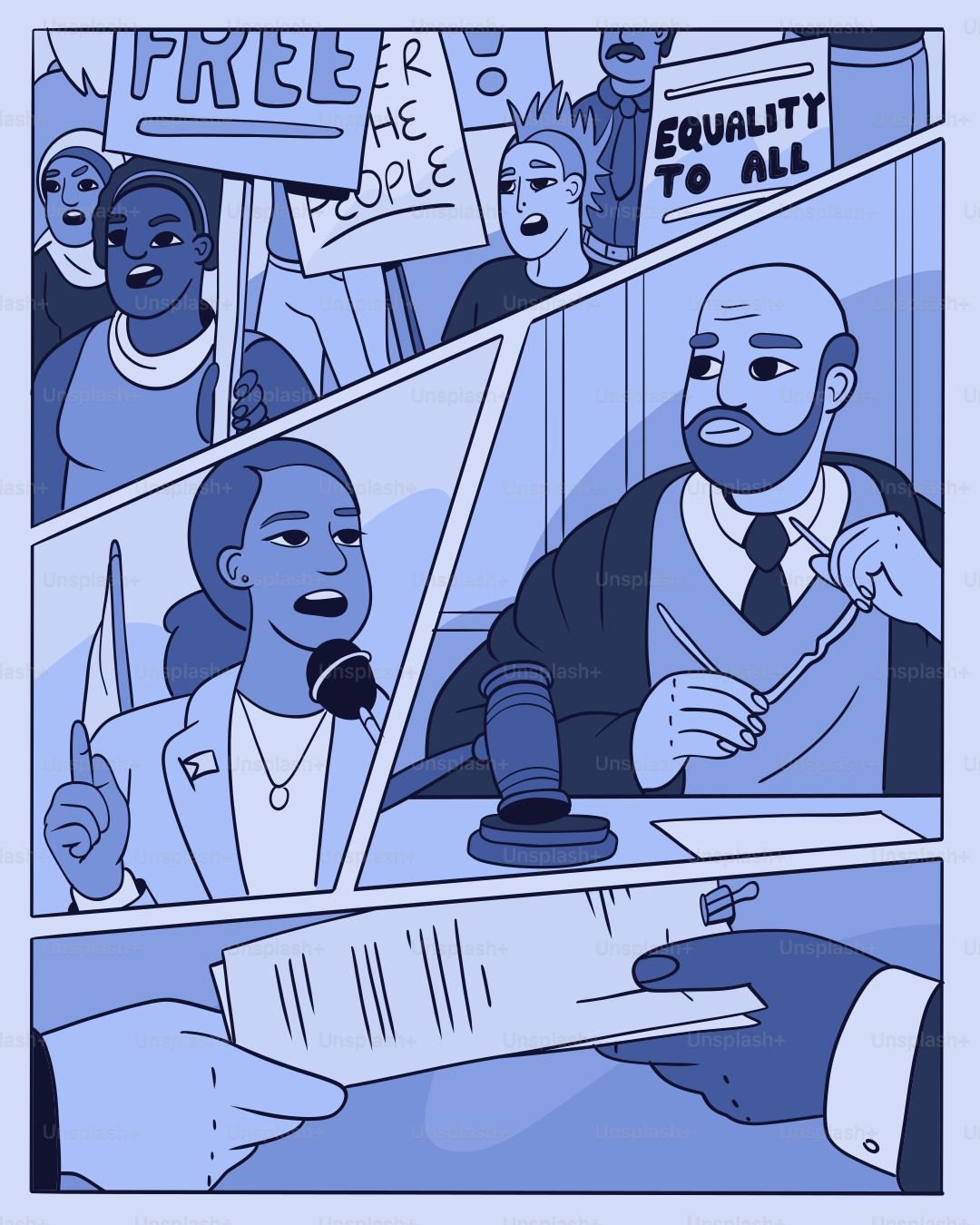 Proteste e procedimenti legali raffigurati in questa immagine.