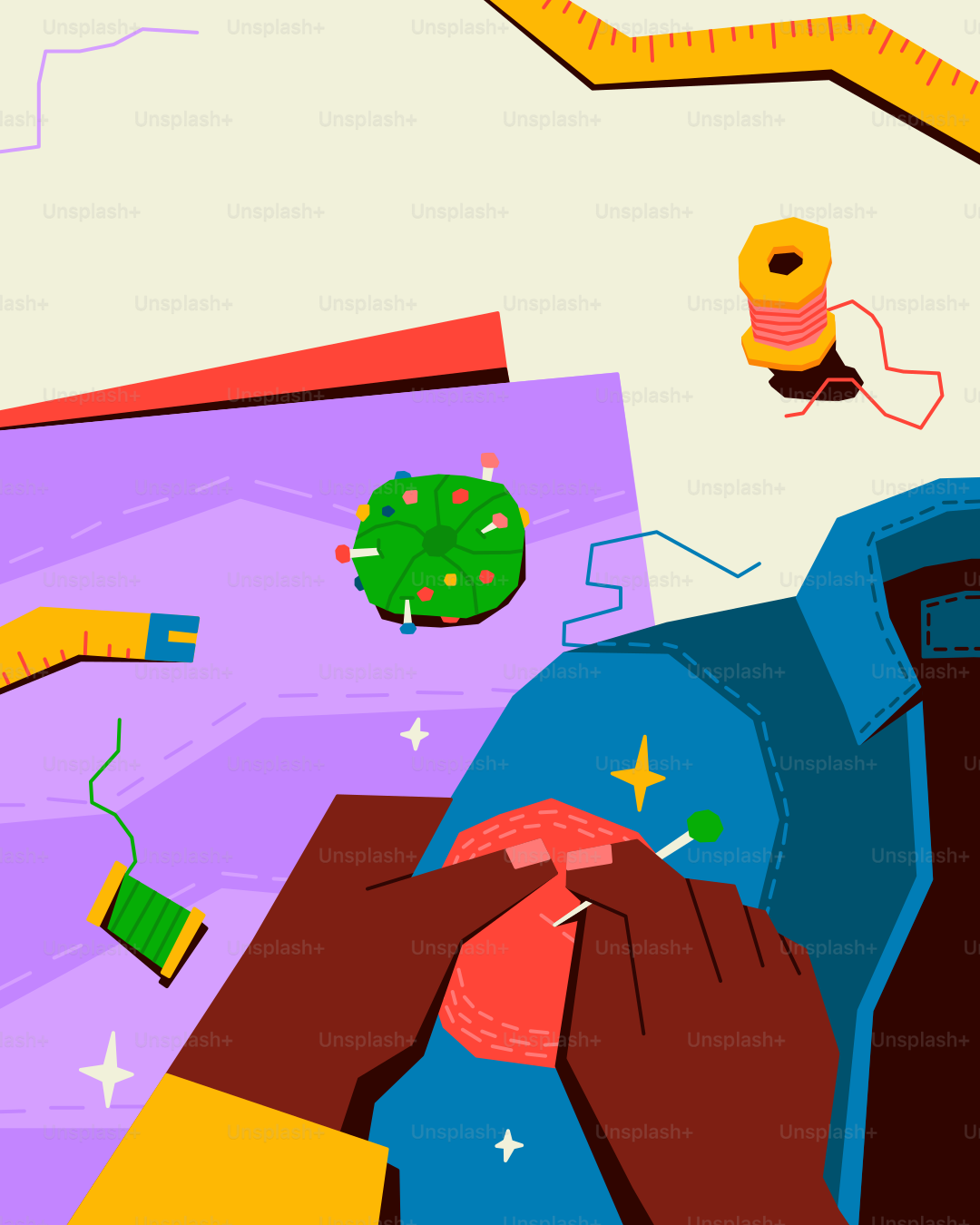 Hands are sewing a patch onto a shirt.