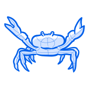 Un cangrejo azul de dibujos animados con las pinzas levantadas.