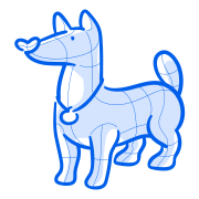 A blue cartoon dog stands proudly.