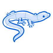 A blue cartoon lizard on a white background.