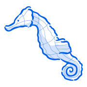 Ein blau-weißes Cartoon-Seepferdchen.