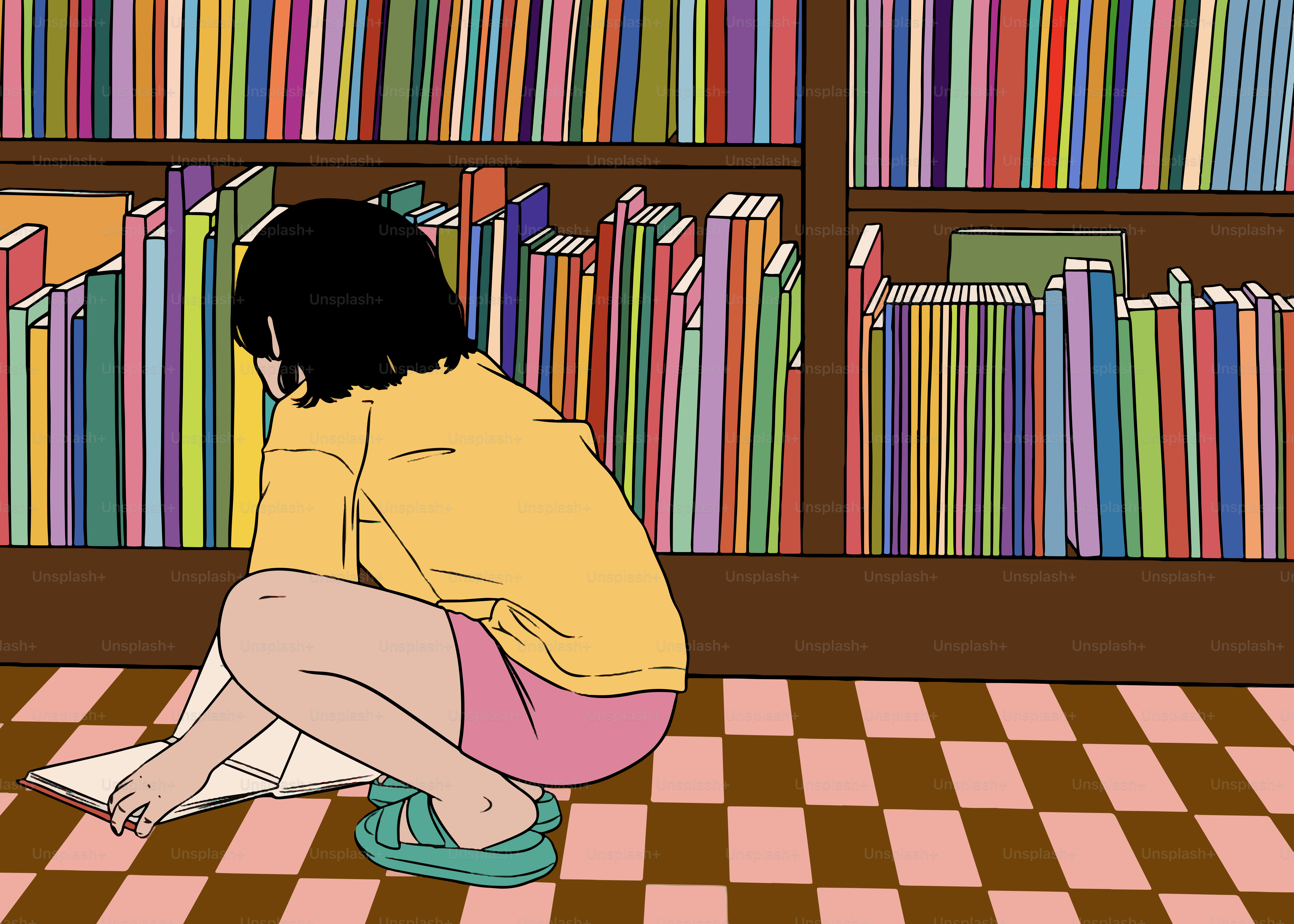 Seorang gadis membaca di perpustakaan yang penuh warna dan penuh buku.