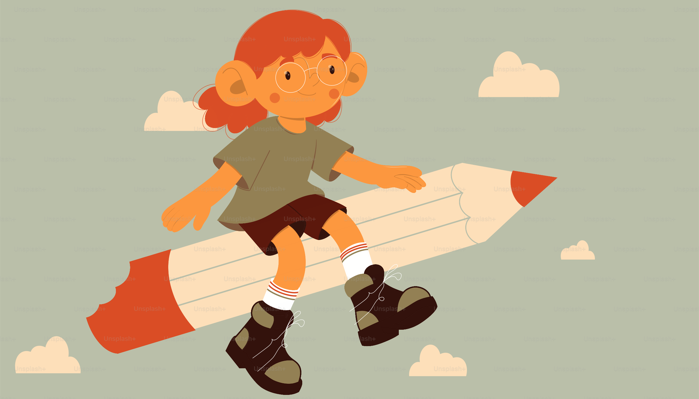 Girl rides a pencil through the sky.