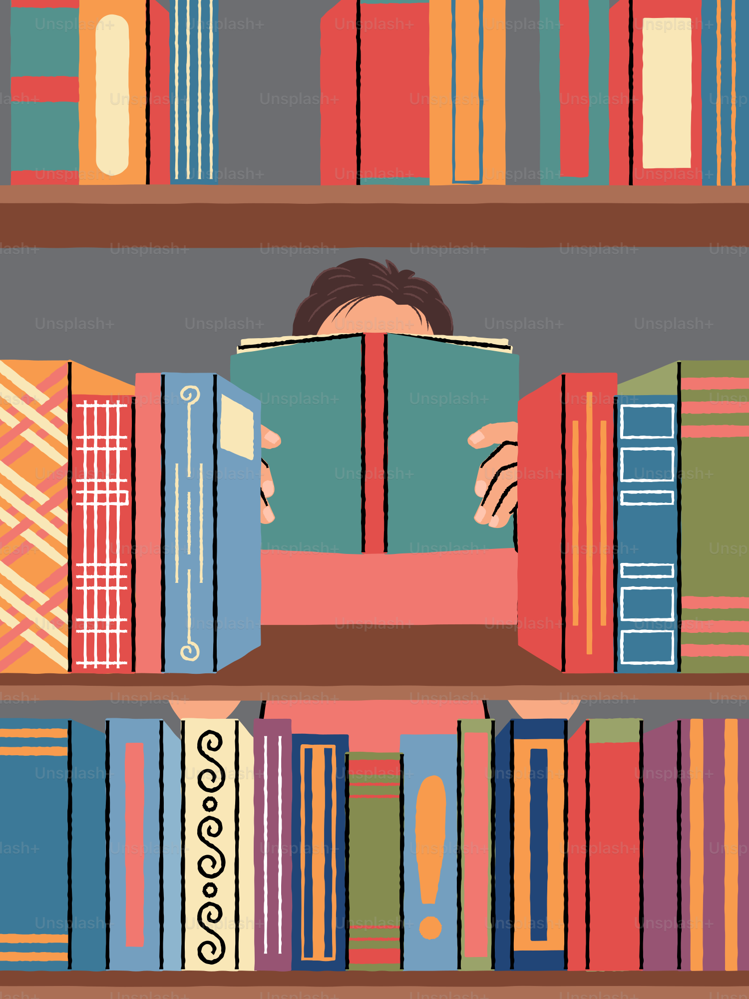 Seseorang sedang membaca buku di rak buku.