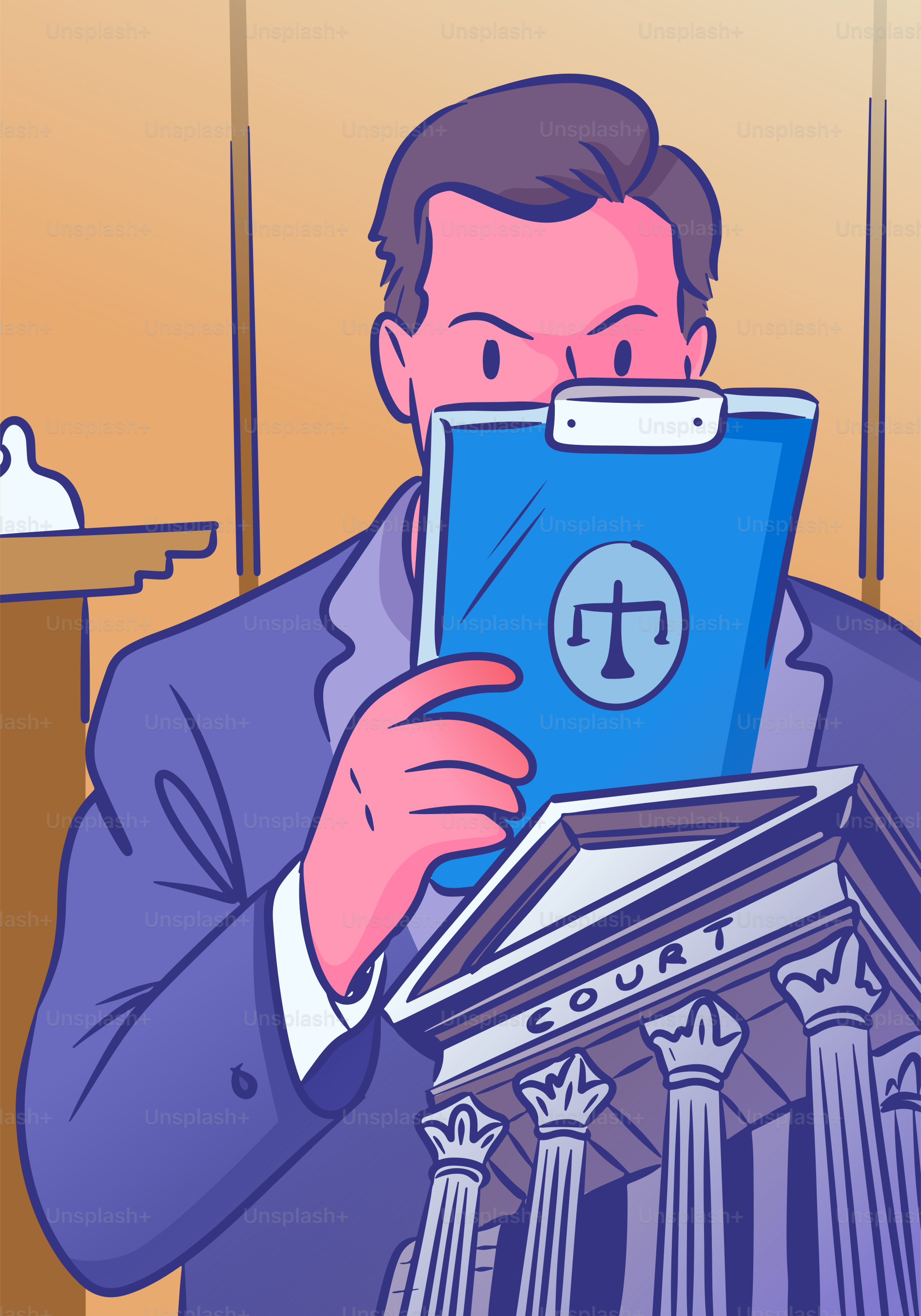 A lawyer examines legal documents in court.