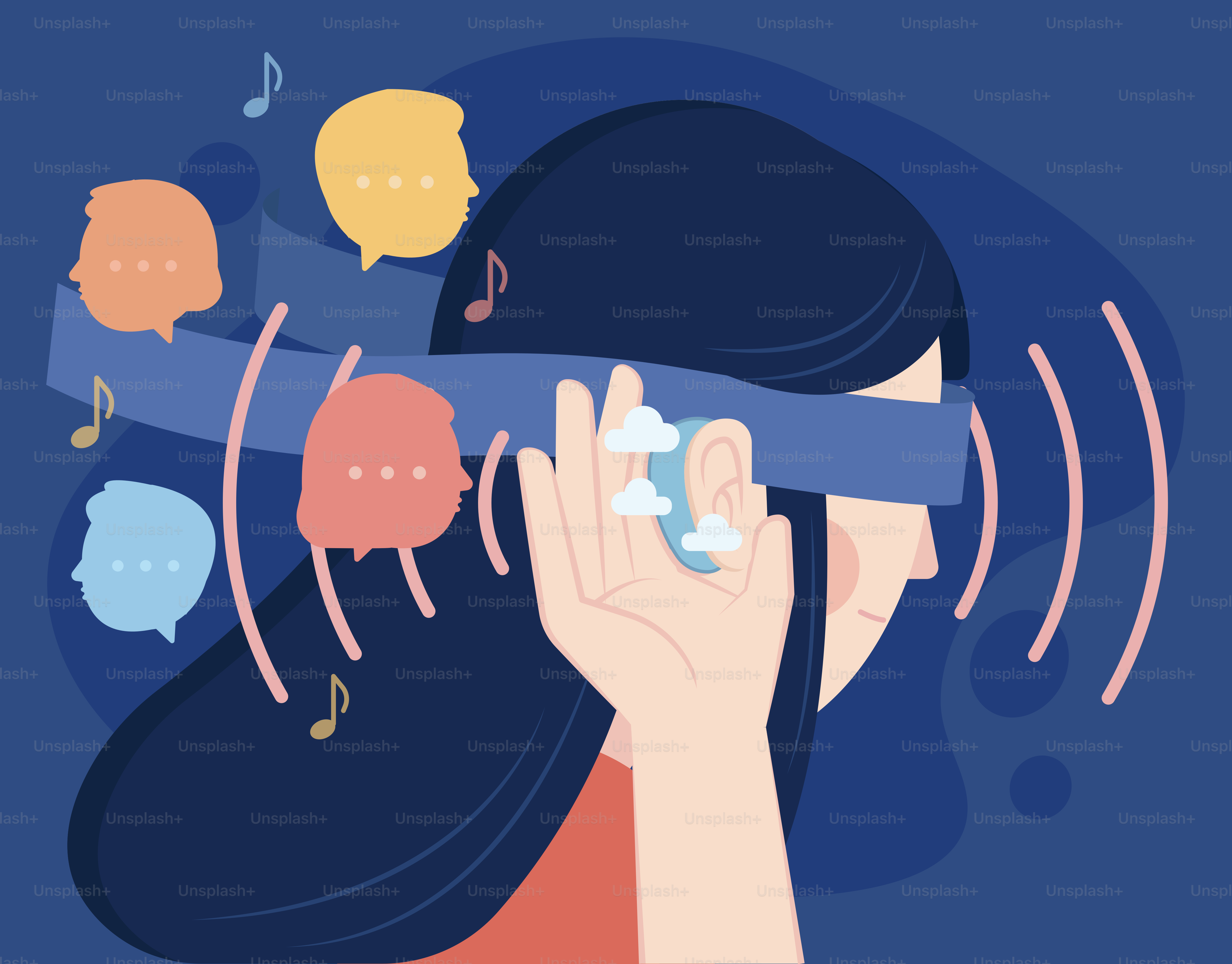 A woman is blocking noise while hearing music.