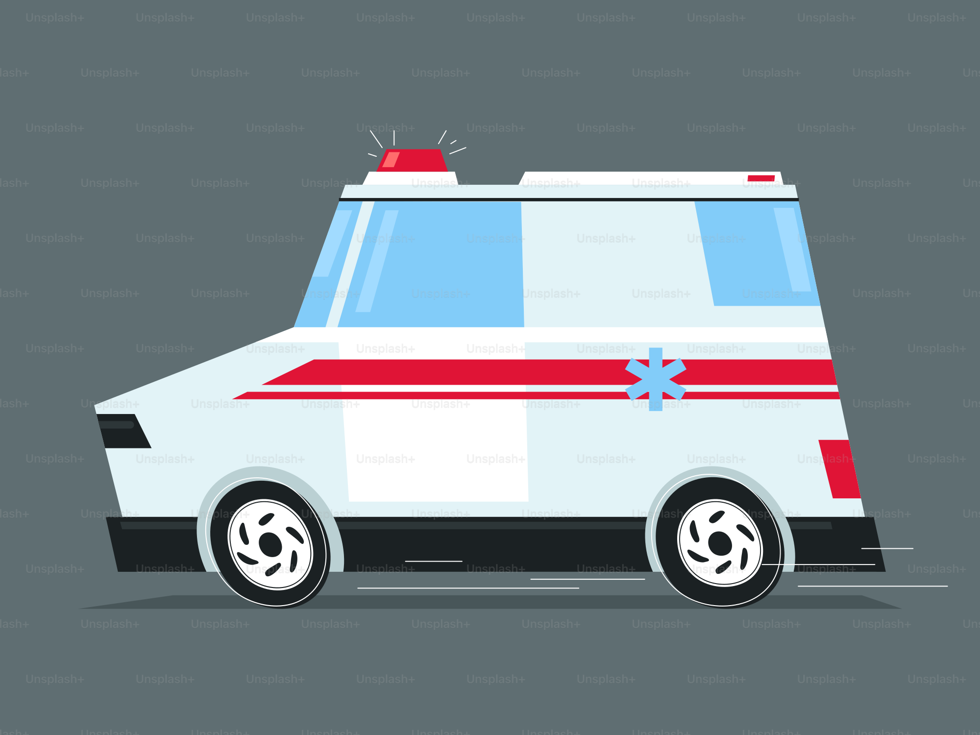 An ambulance is driving quickly.