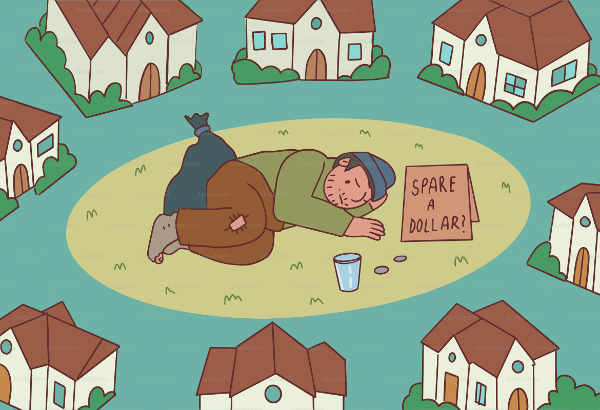 A homeless person begs for money amidst houses.