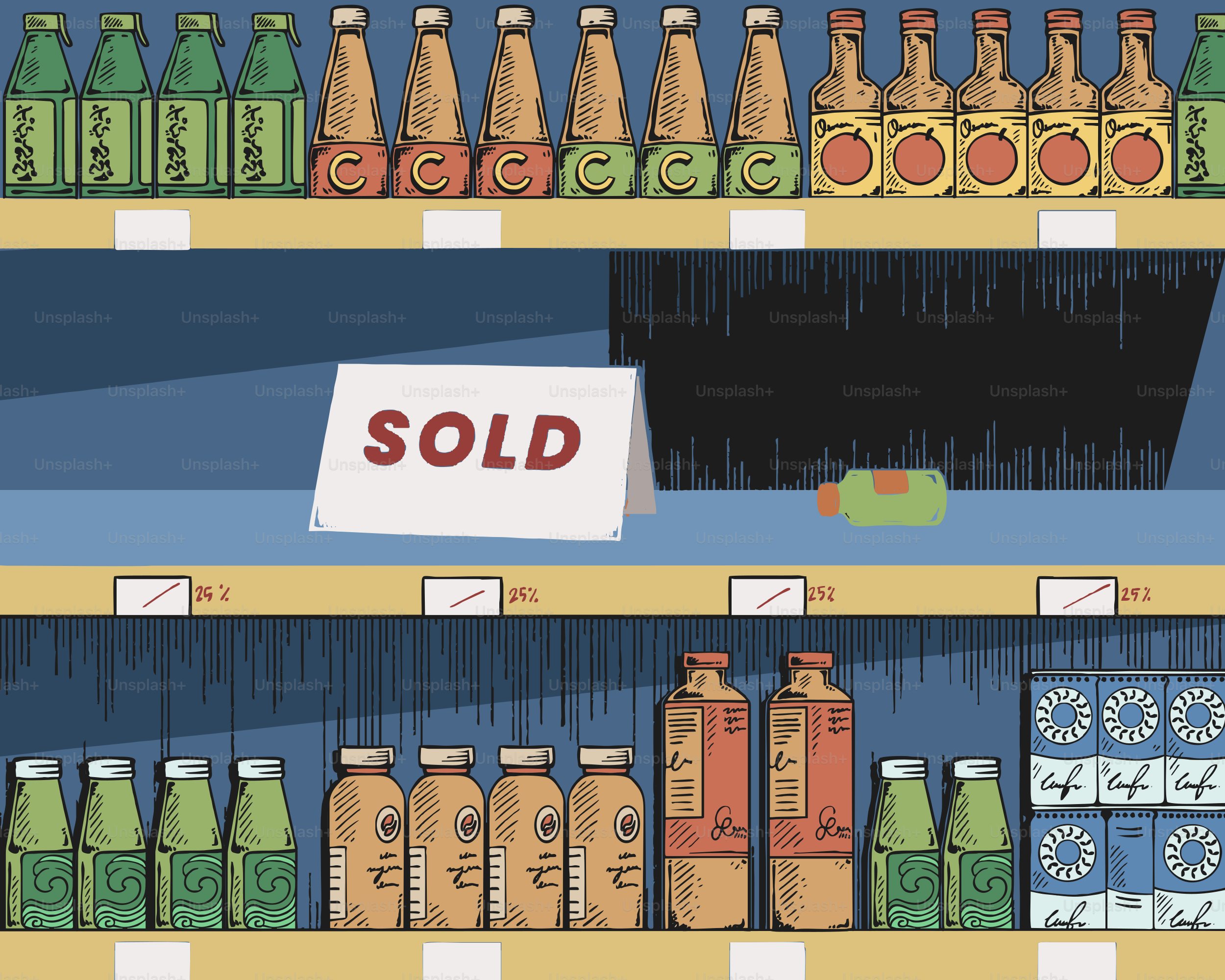 Une étagère de supermarché affiche une section « complet ».