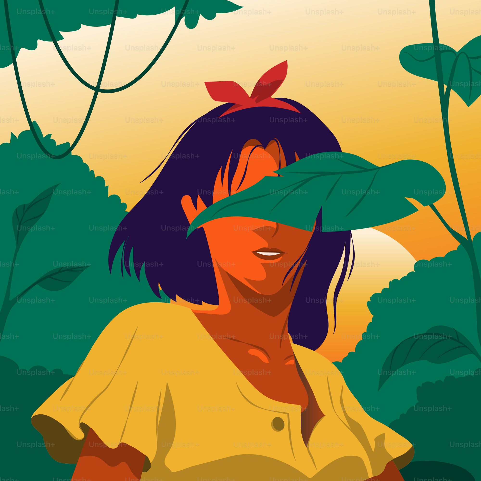 La fille se couvre le visage d’une feuille dans la jungle.