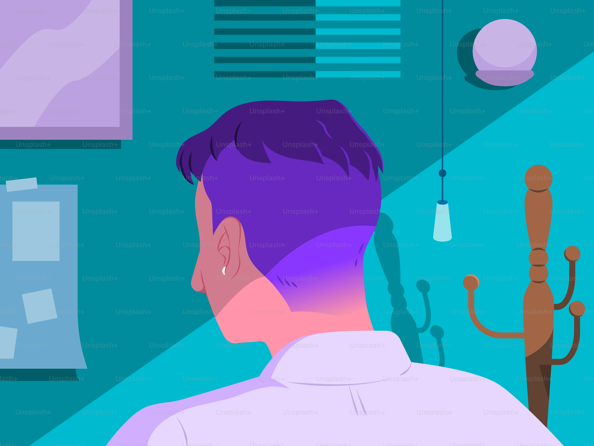 Une personne dans une pièce colorée, tournée dos à face.