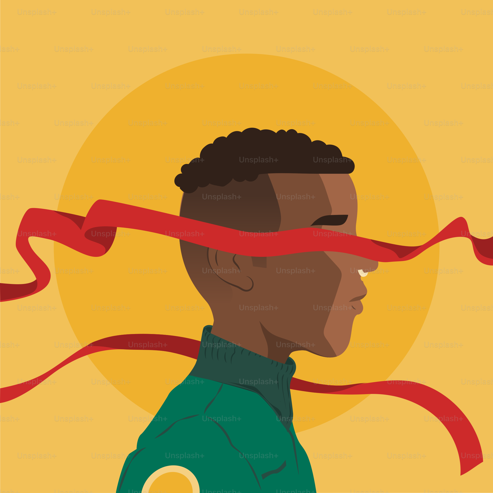 A young person is blindfolded by red ribbon.