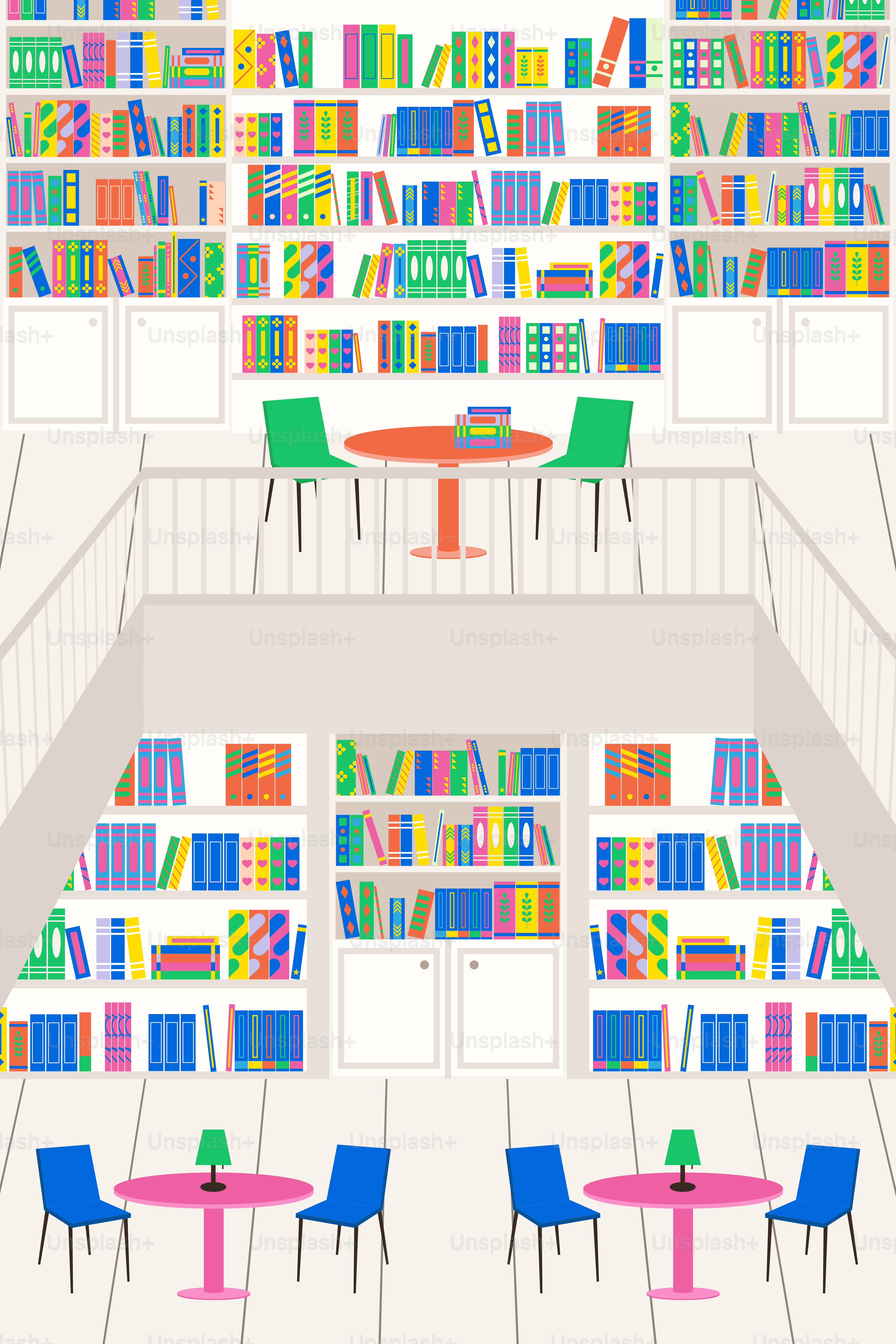 Una biblioteca colorida y caprichosa está llena de libros.