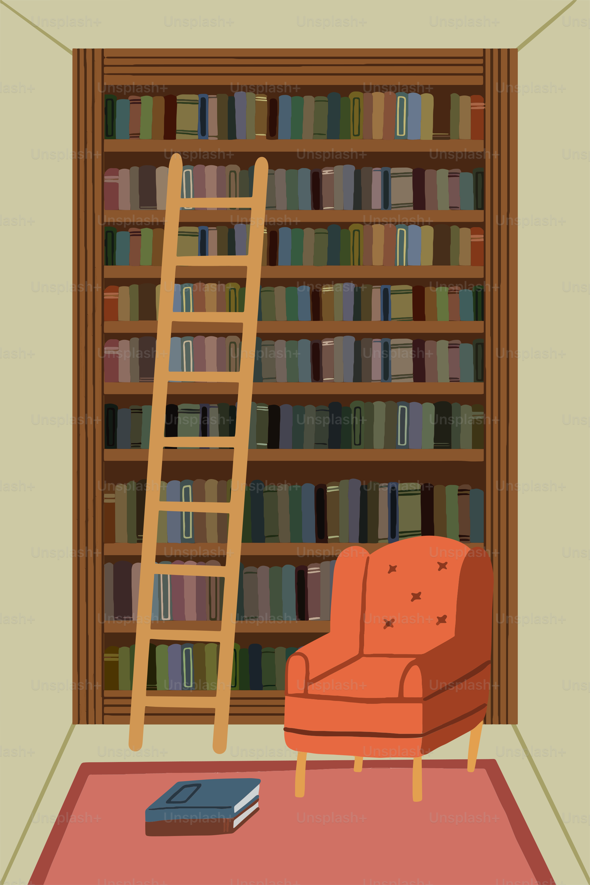 A cozy library nook with books and a chair. vector – Interior design Image  on Unsplash, image size:3000x4500