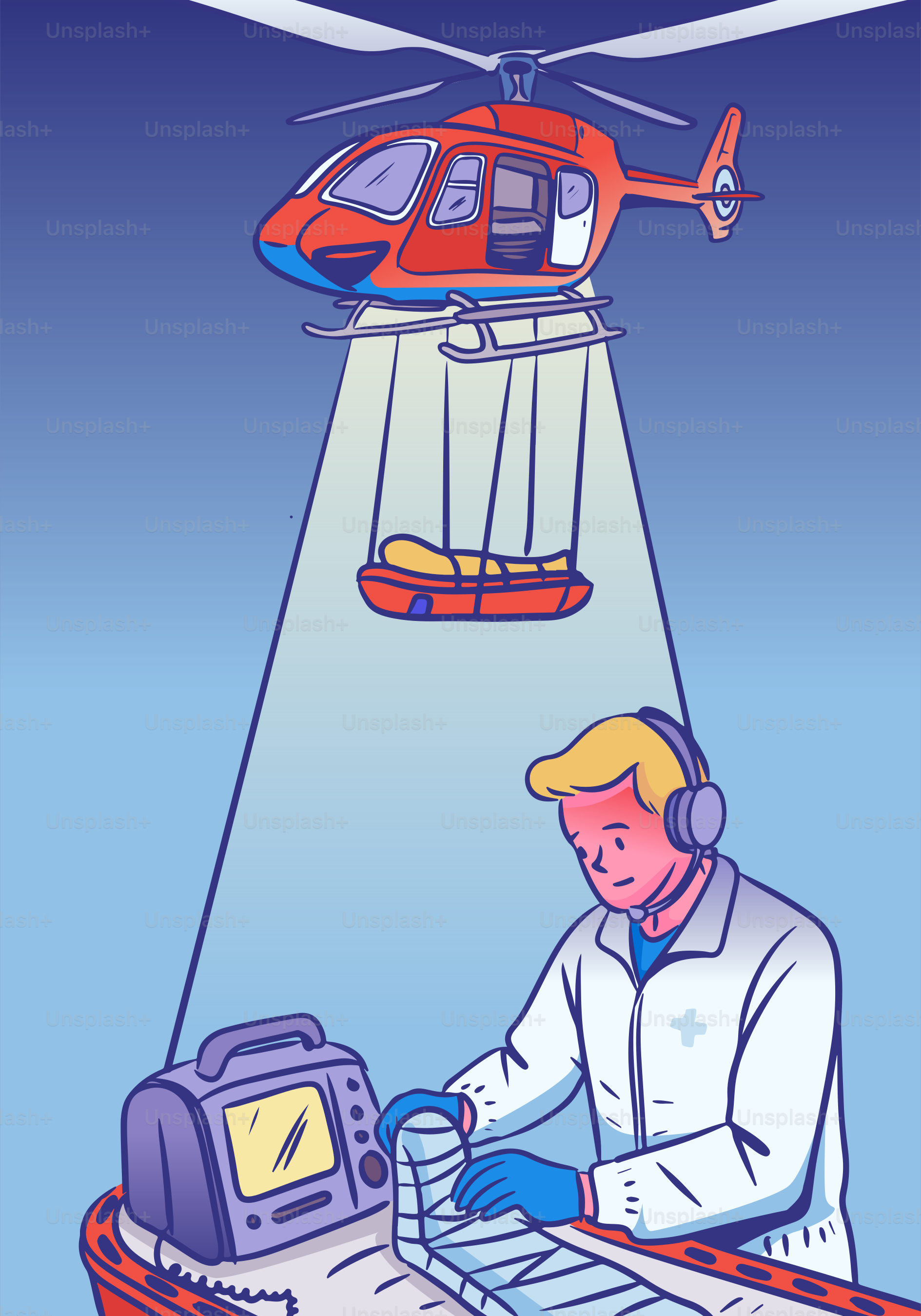 A helicopter transports a patient to safety.