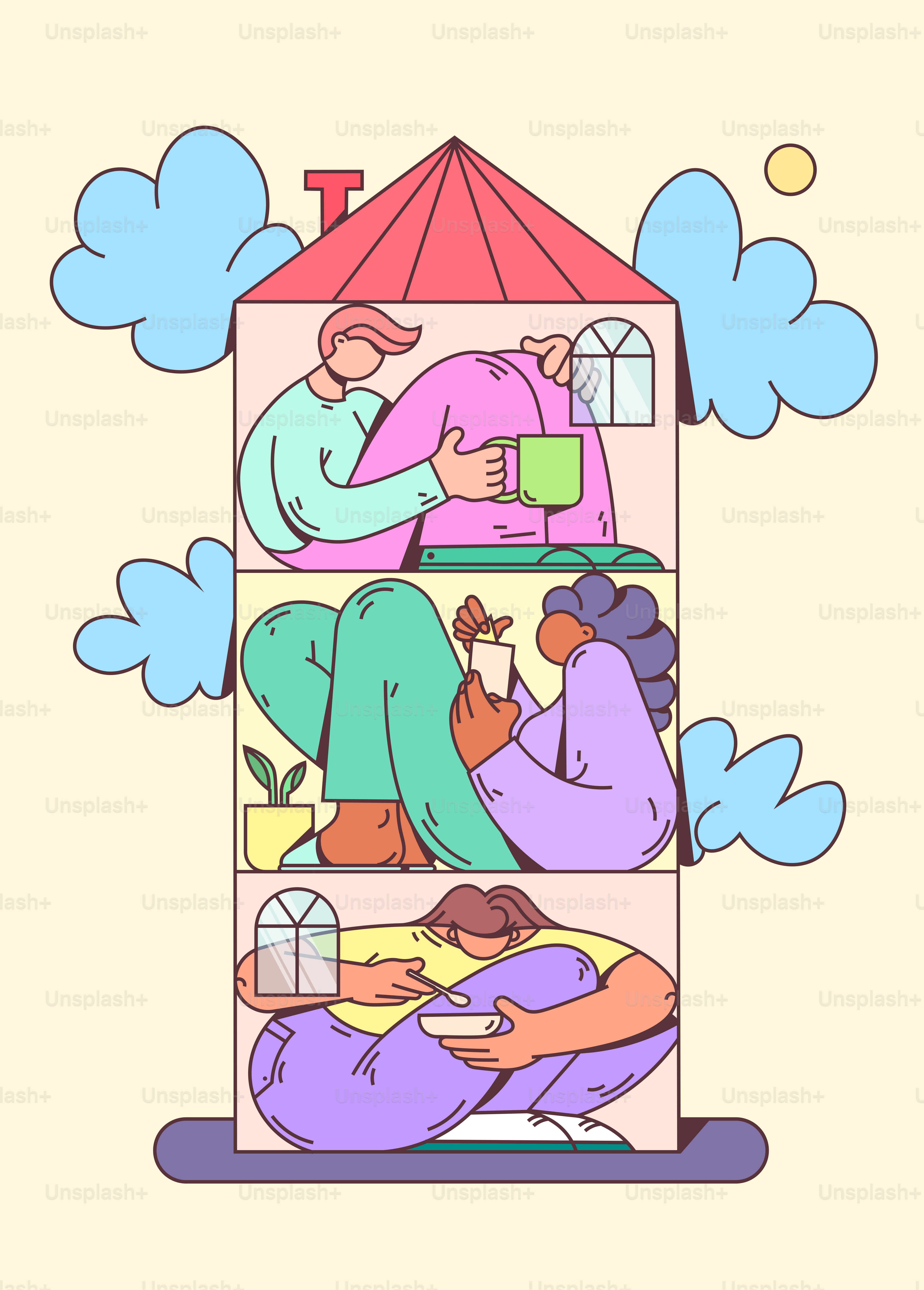 Les gens se détendent à l’intérieur et vivent leur vie à la maison.