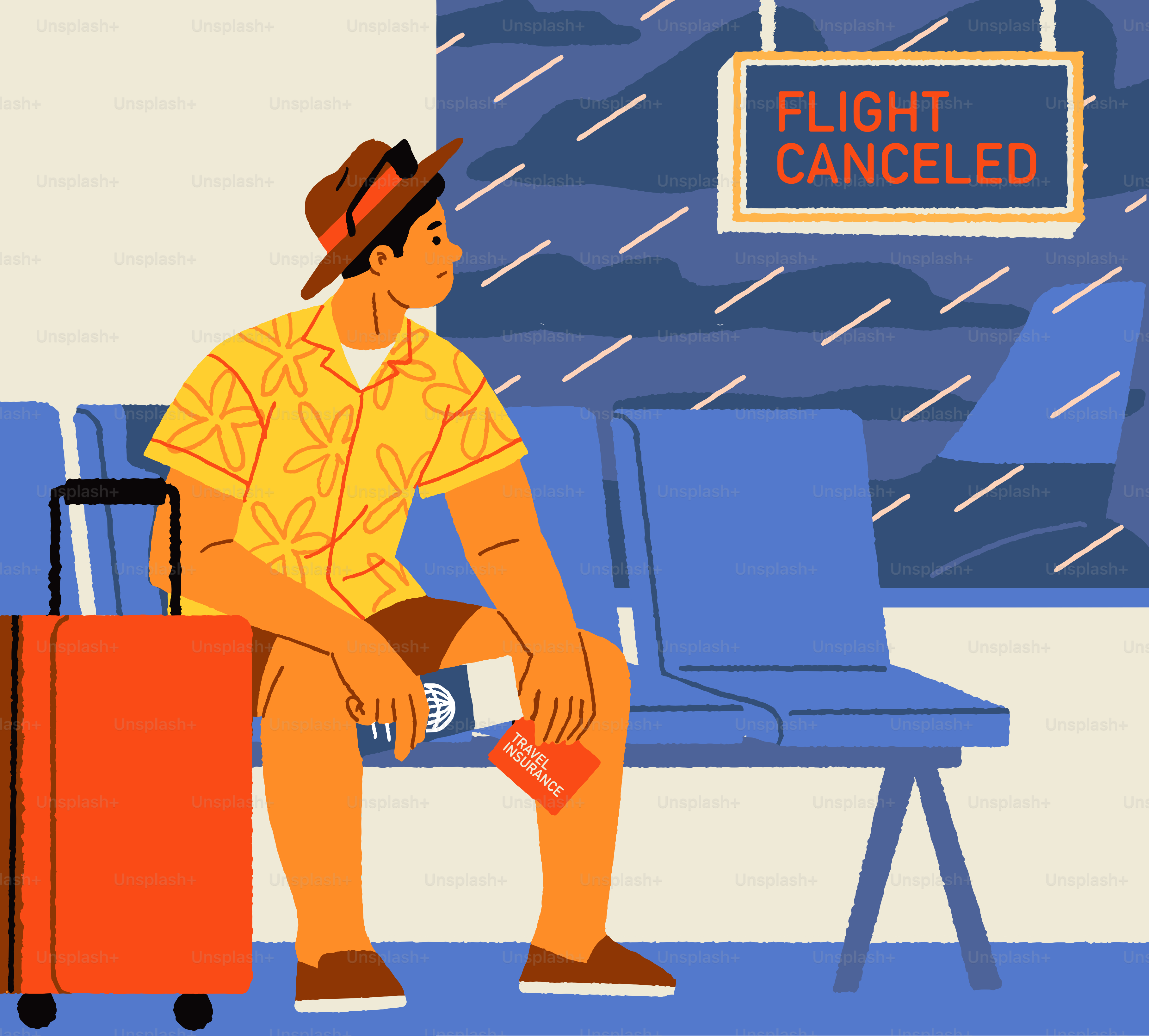 A traveler is disappointed by a canceled flight.