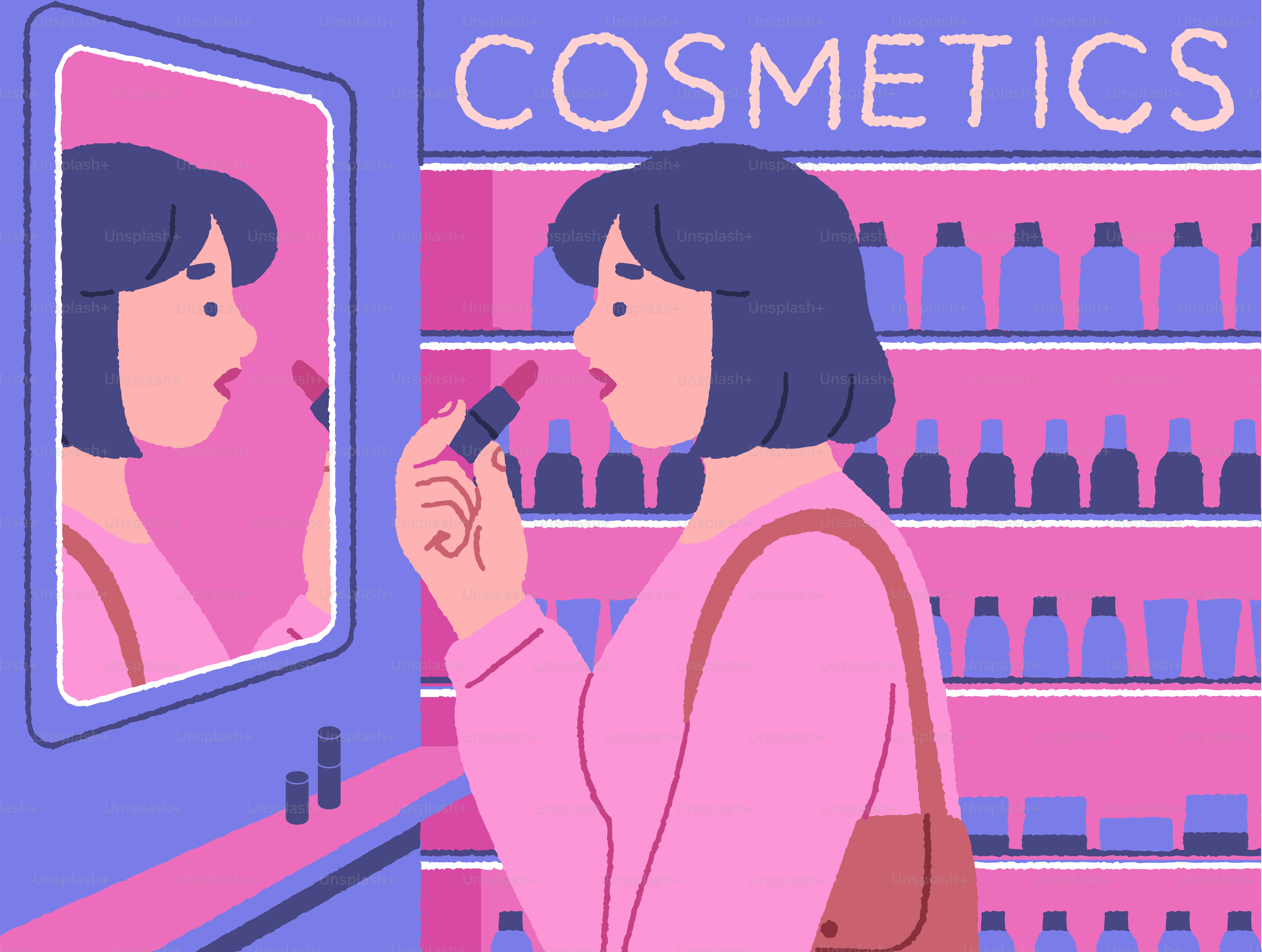A woman applies lipstick in a cosmetics store. vector – Woman Image on ...