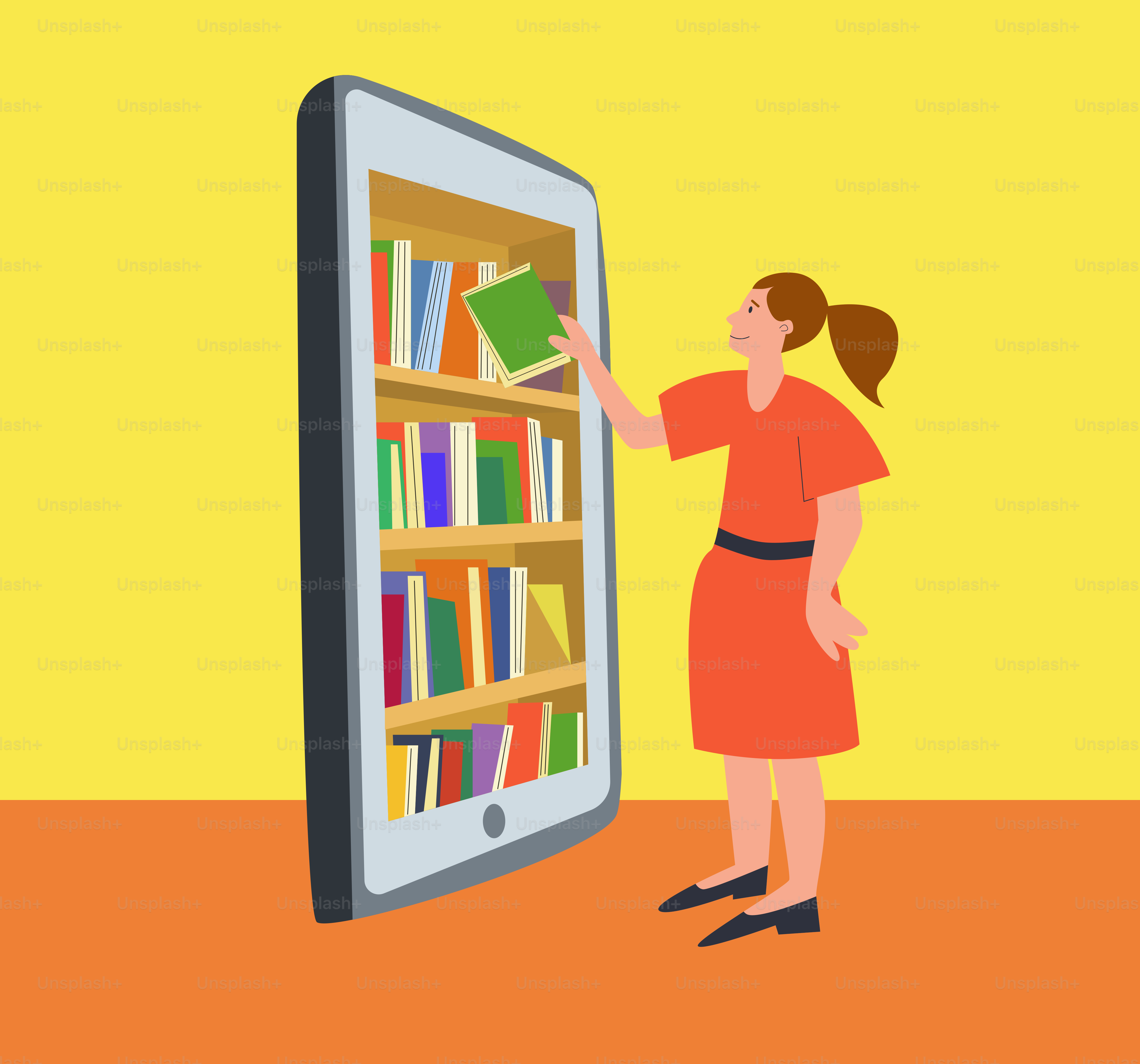 A mulher escolhe um livro de uma biblioteca digital.