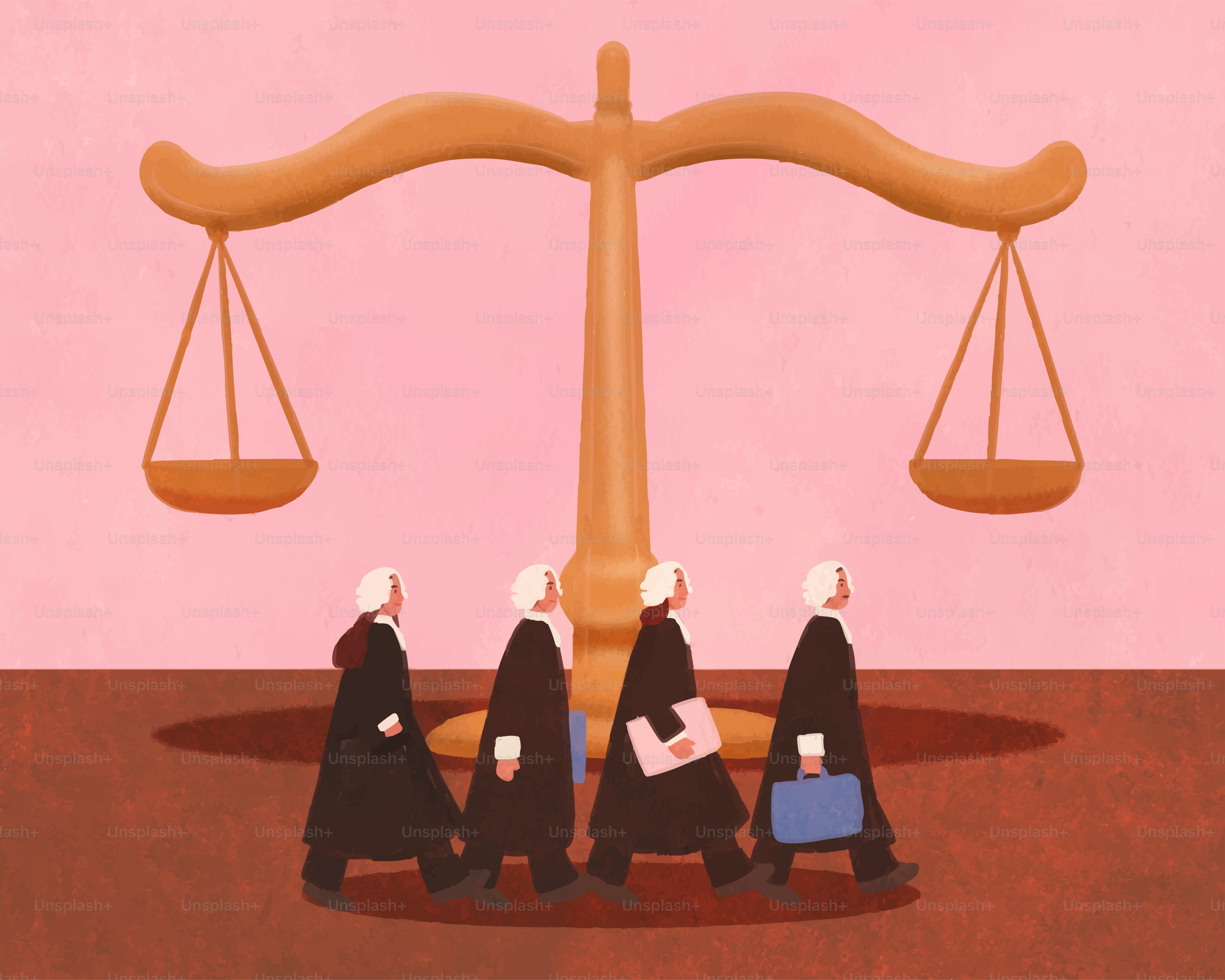 Judges walk under a scale of justice.