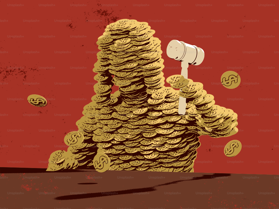 A figure made of coins is holding a mallet.