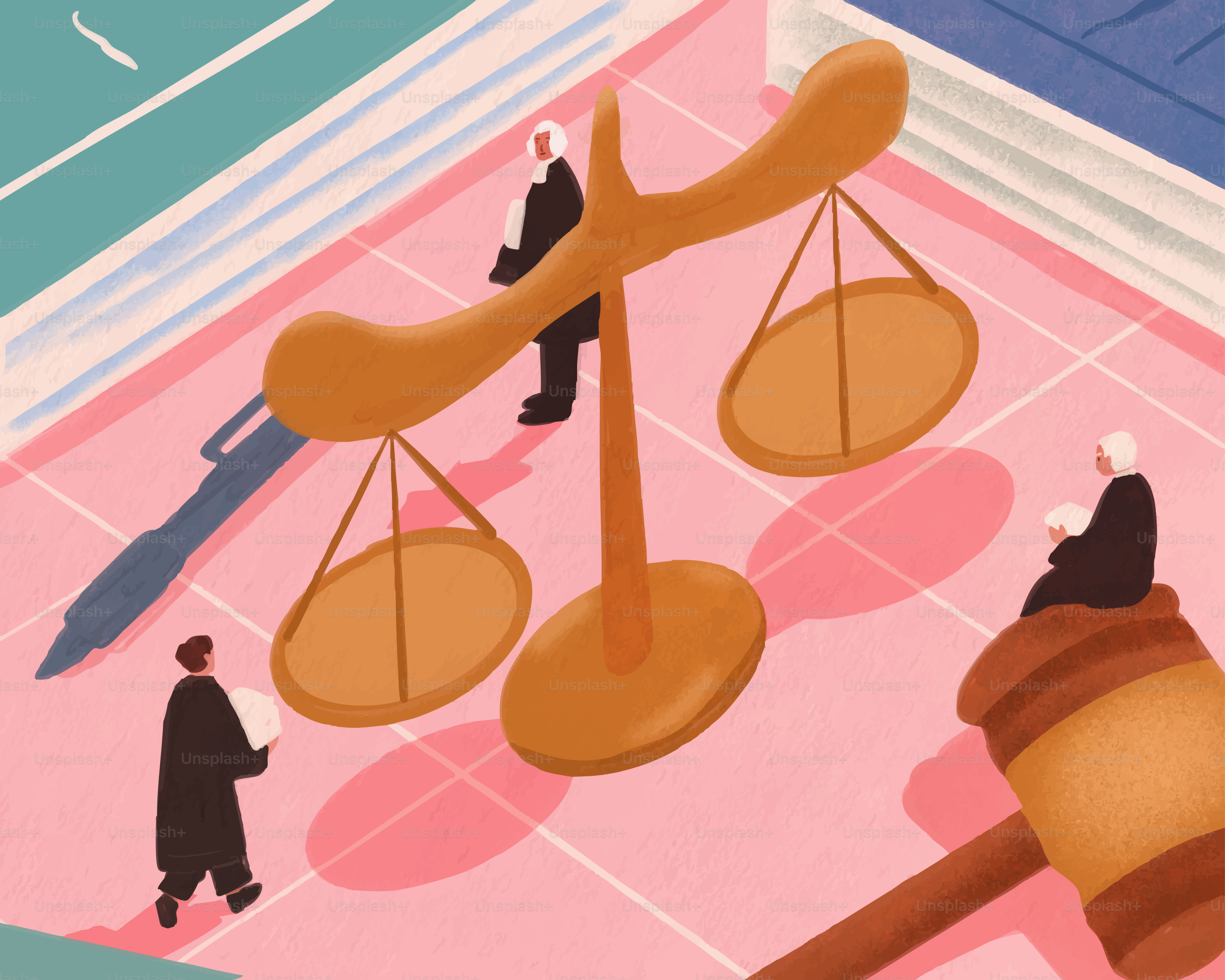 Legal proceedings, judges, scales, and books are depicted.