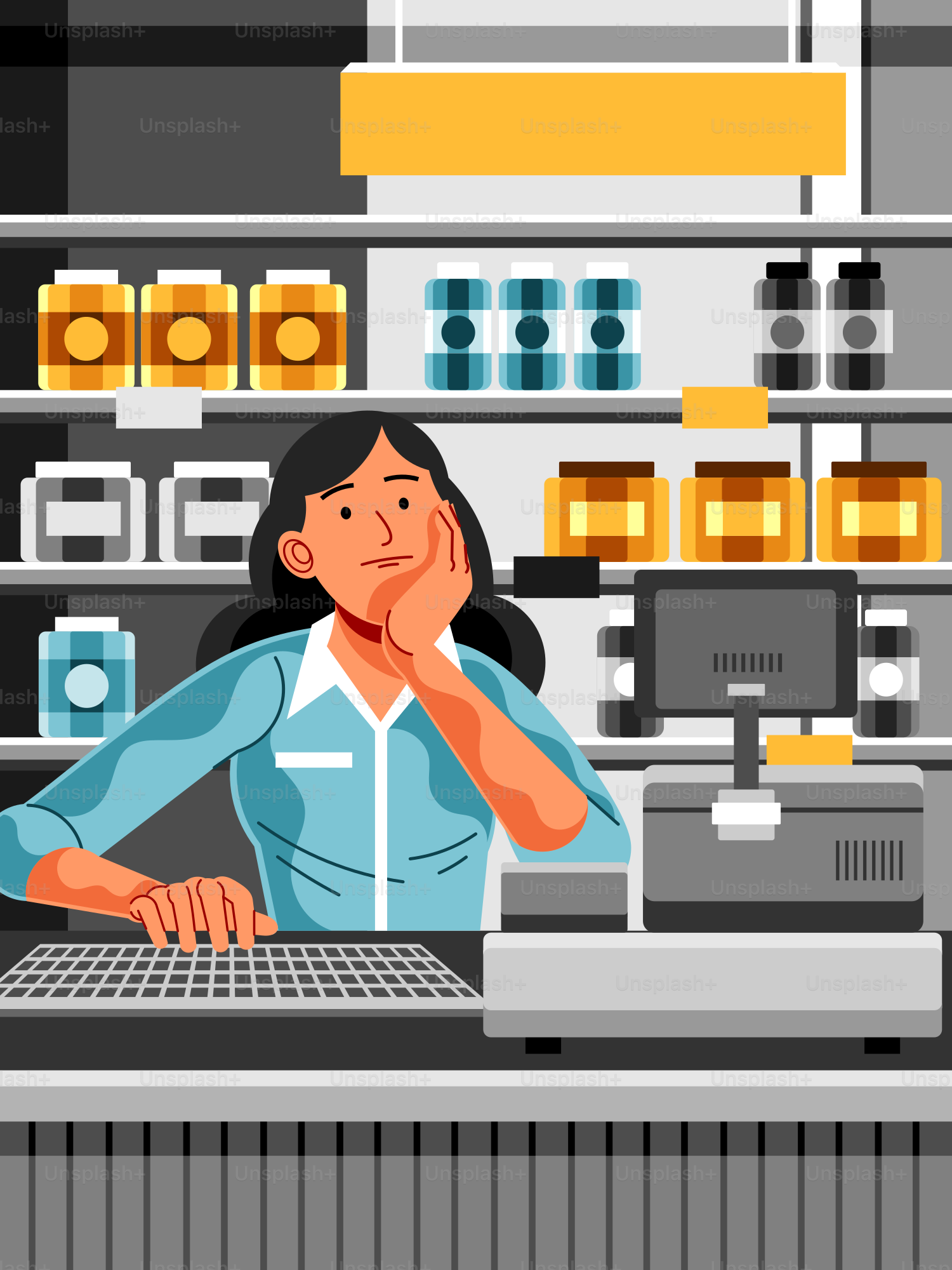 The cashier is bored while waiting for customers.