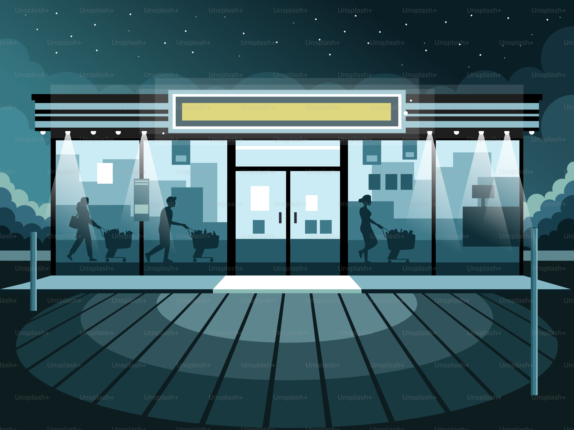 People are shopping at a store late at night.