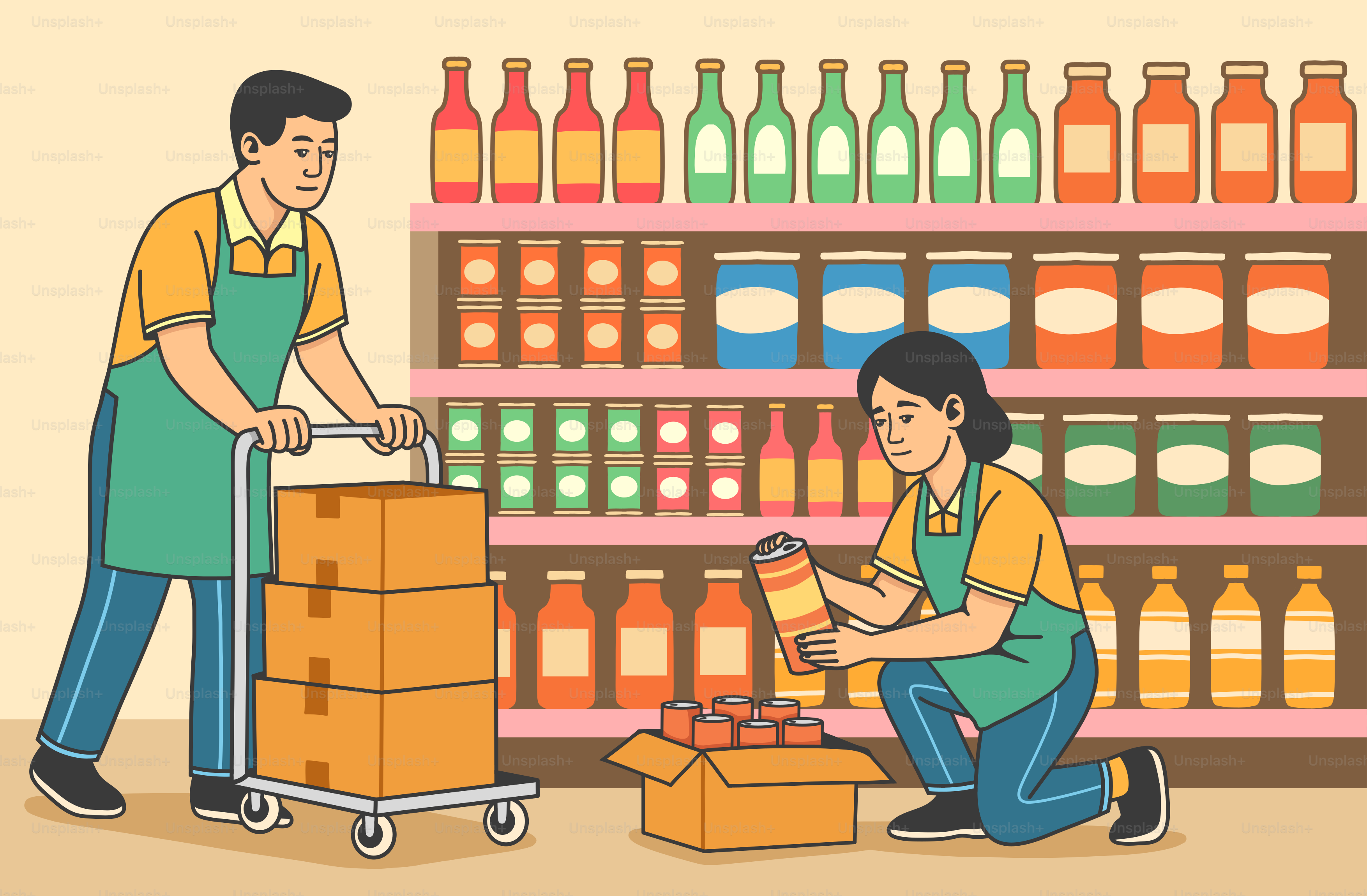 Workers stocking shelves at a grocery store.