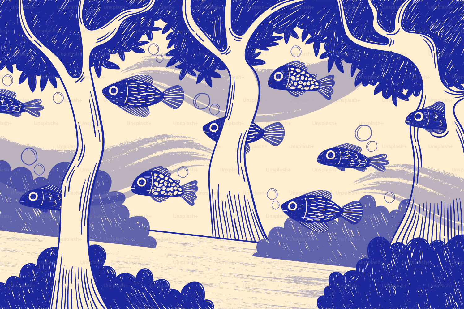 Fish swim amongst the trees in a dreamlike scene.