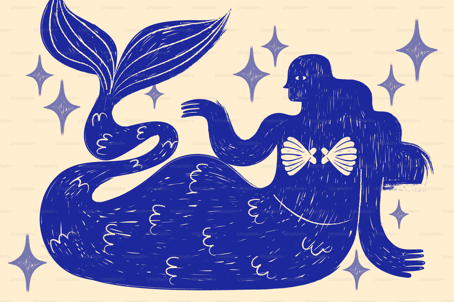 A blue mermaid is lounging with sparkles around.