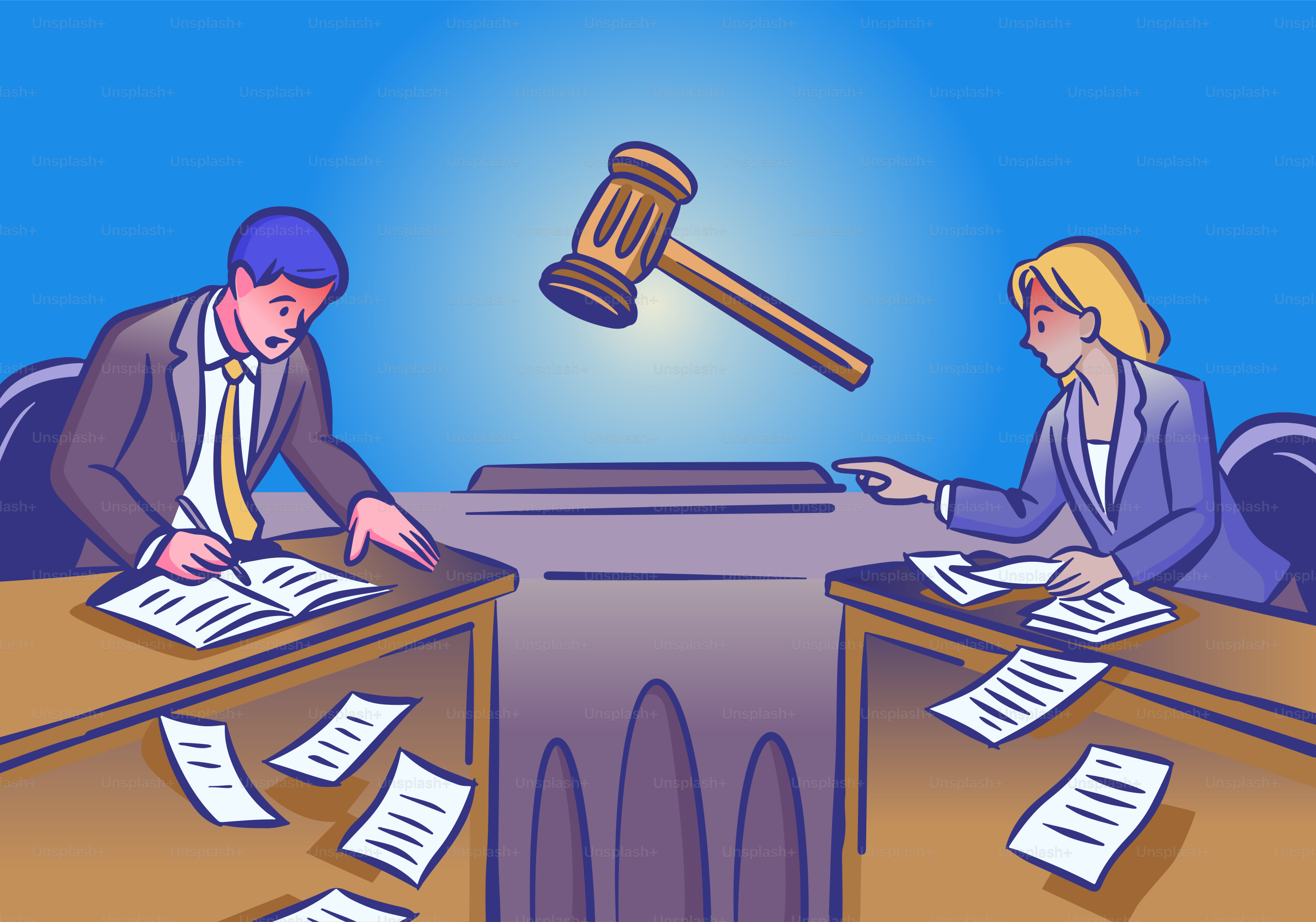 Two people in court argue over papers.