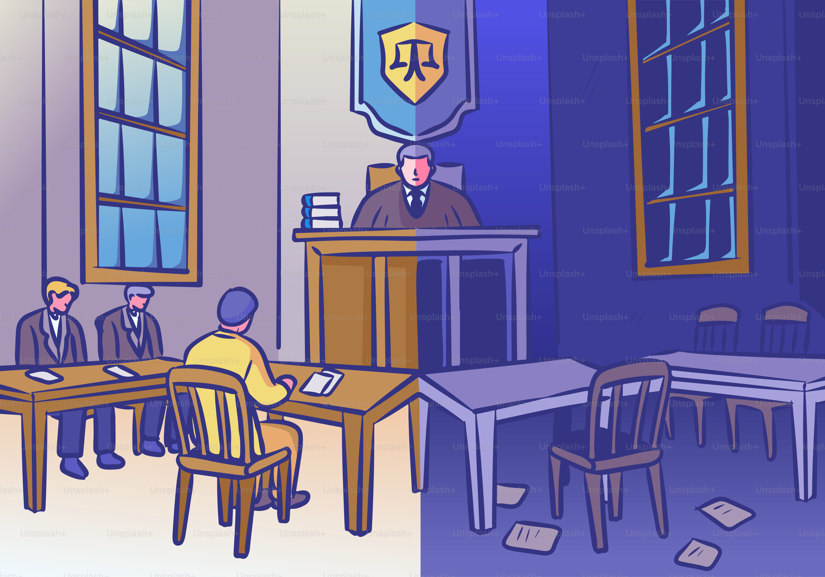 A courtroom scene with judge, lawyers, and defendant.