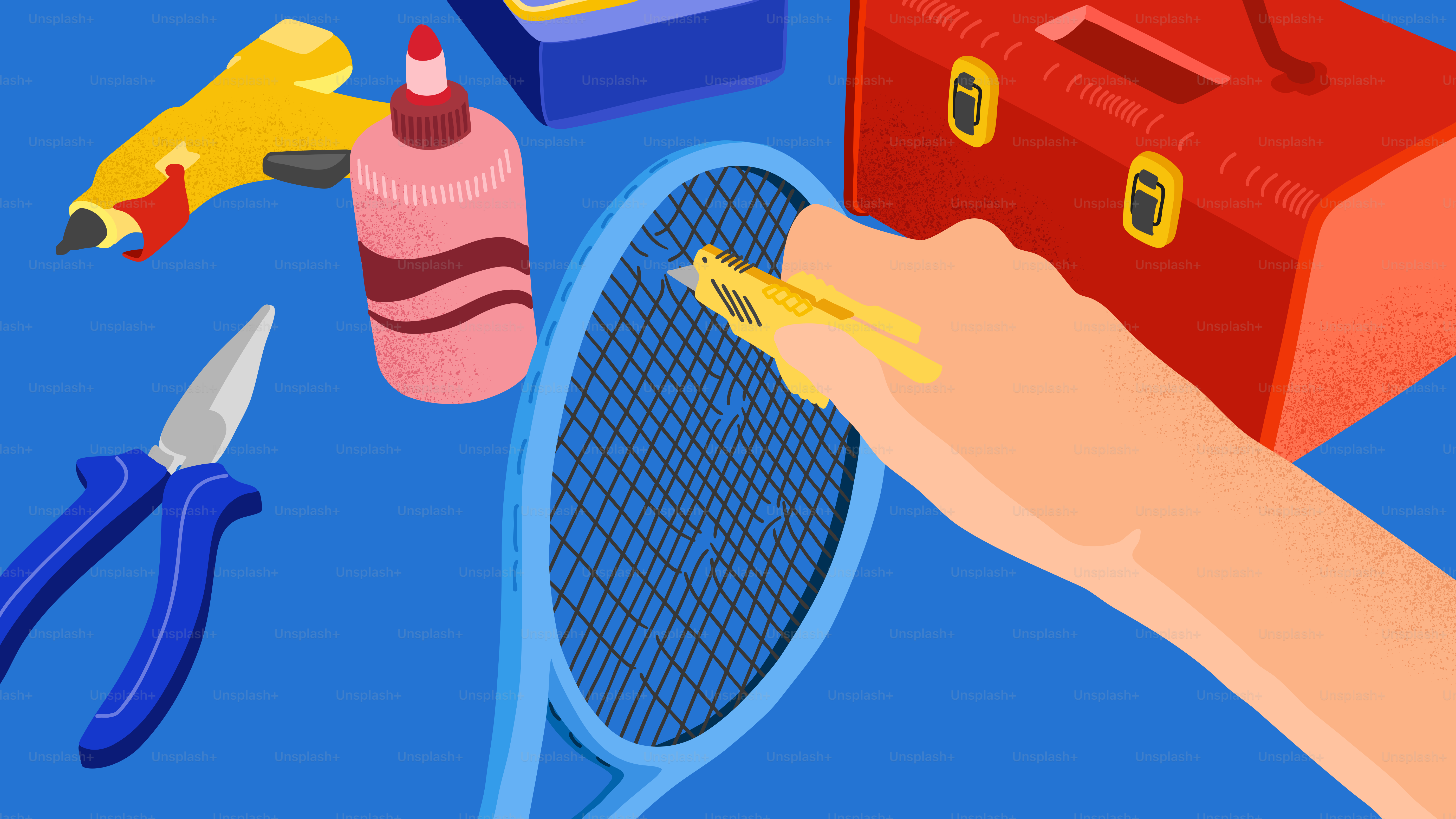 Hand repairing a racquet with other tools.