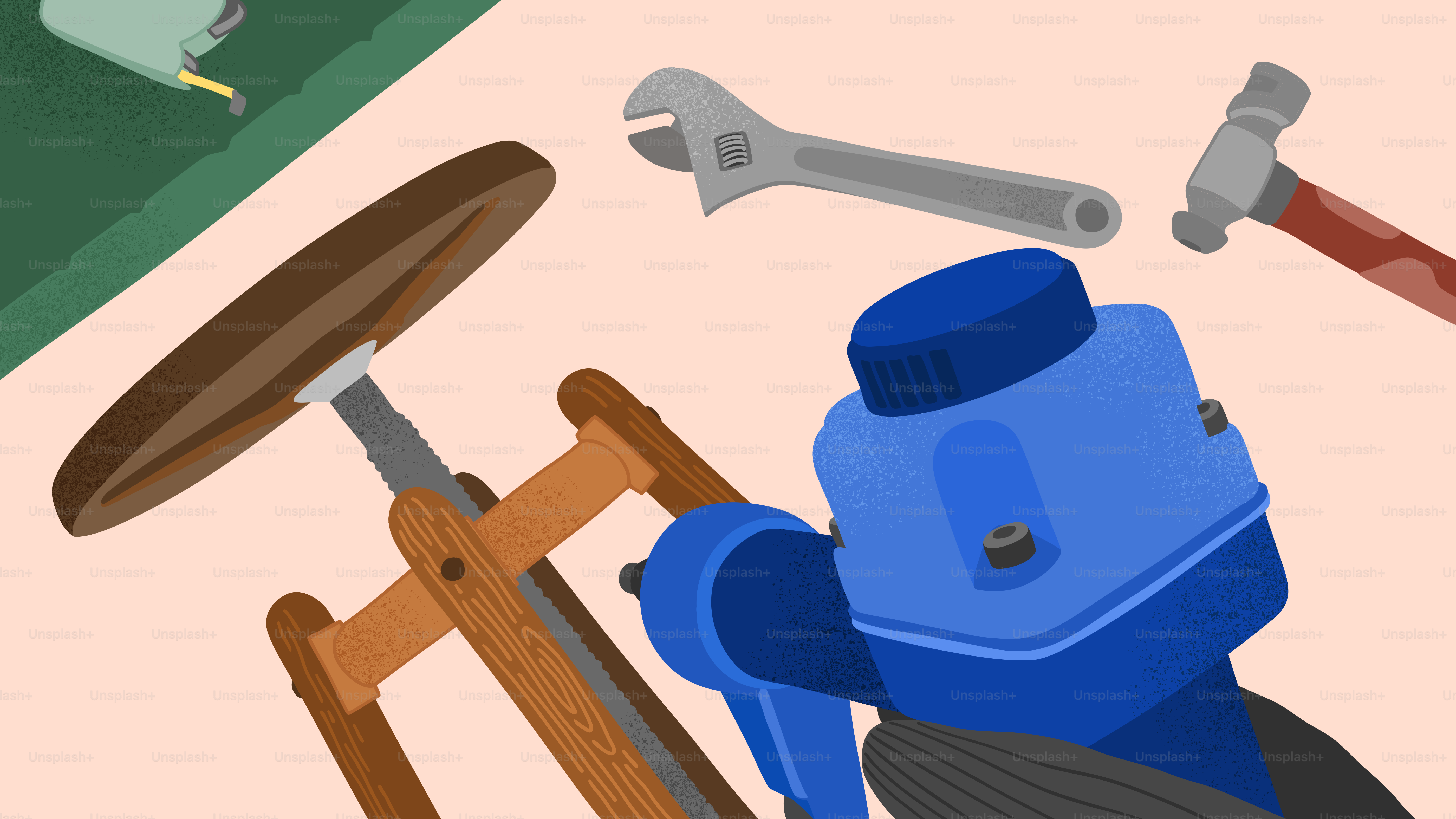 Tools and a scooter are displayed.