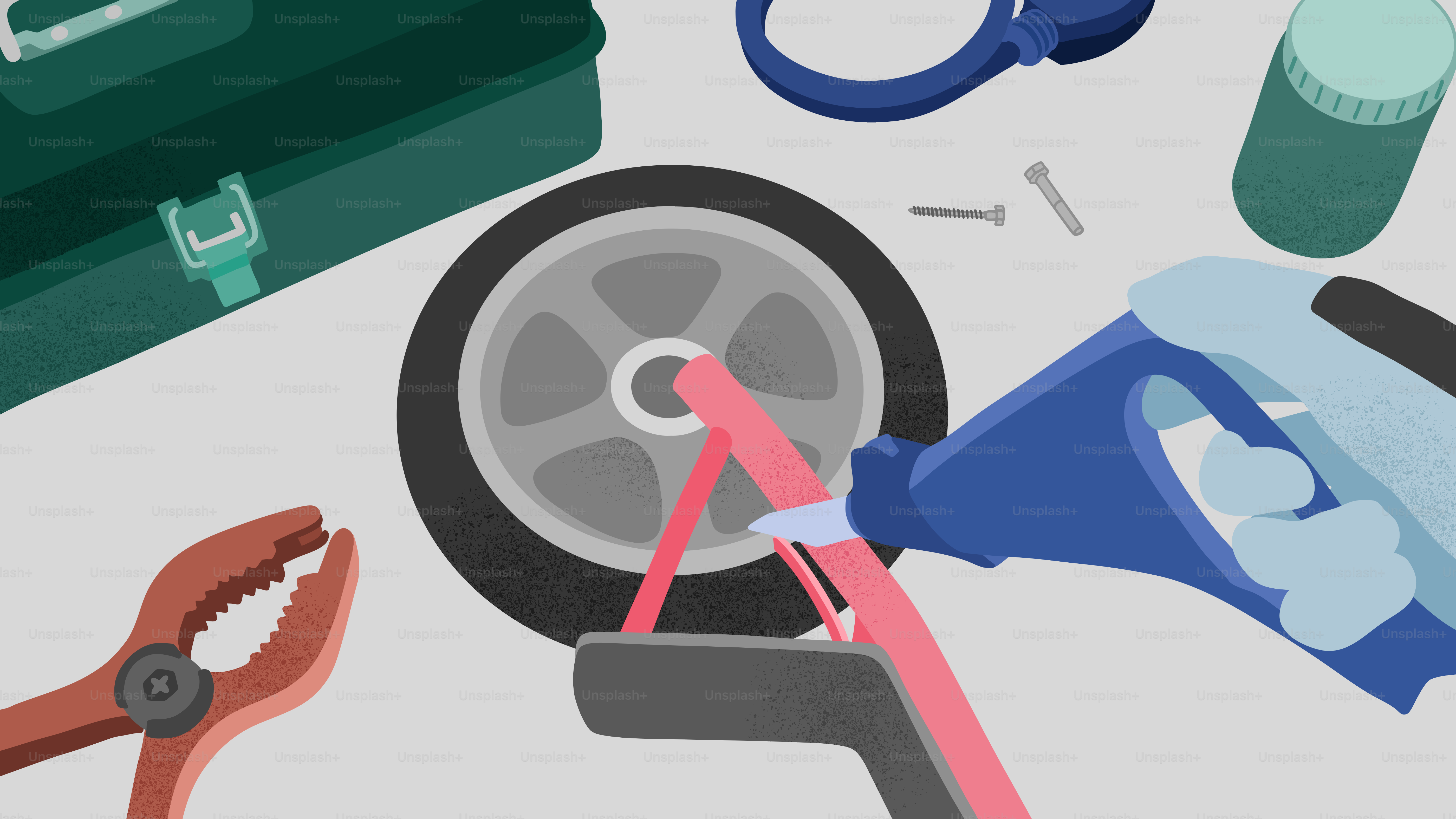 Repairing a scooter with tools and equipment.