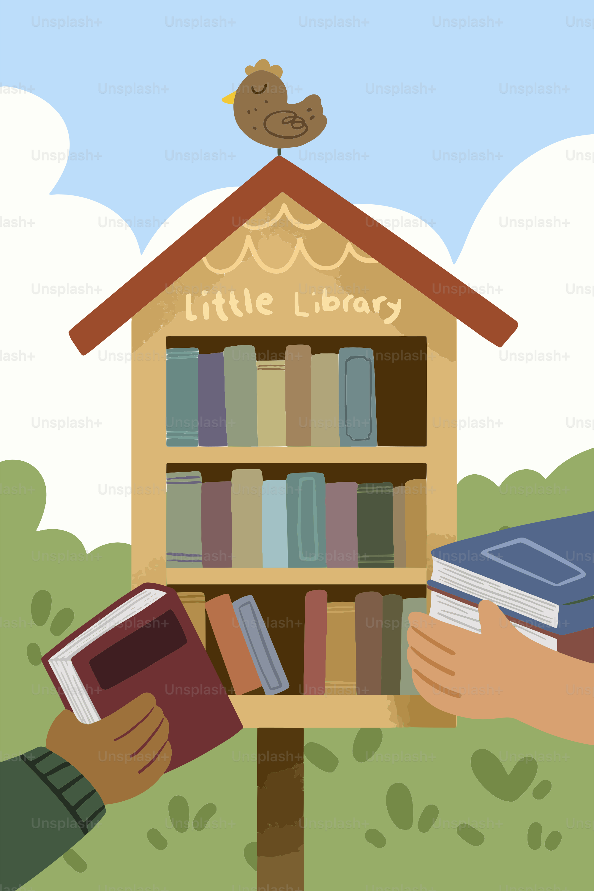 People share books at a little library.