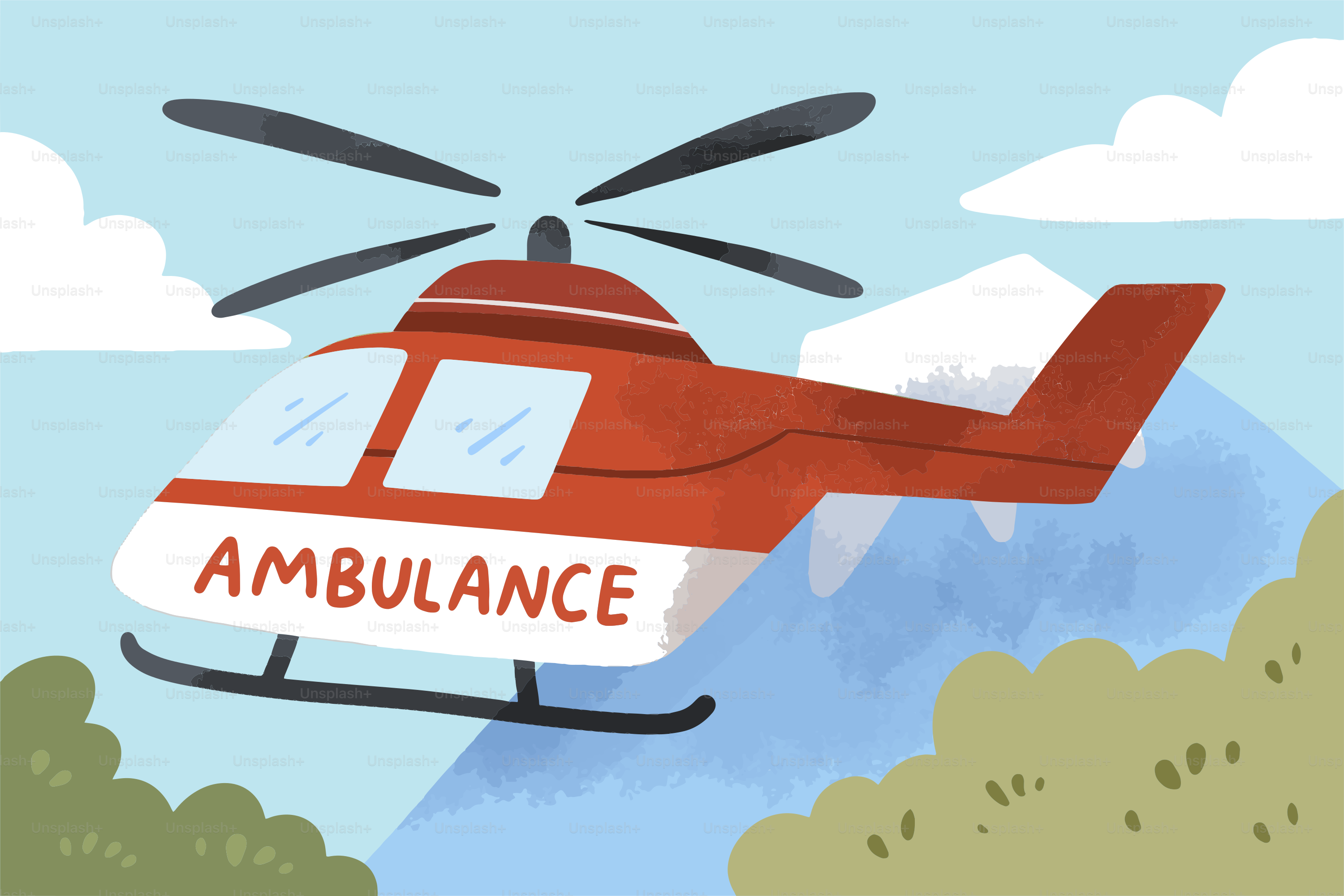 An ambulance helicopter flies through the sky.