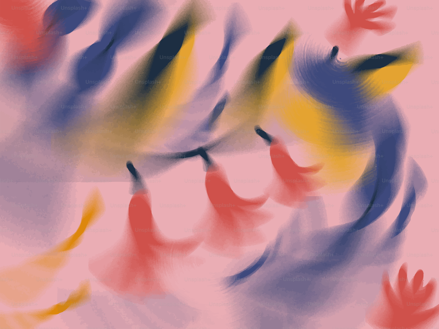 Abstract shapes and colors swirl on a pink background.