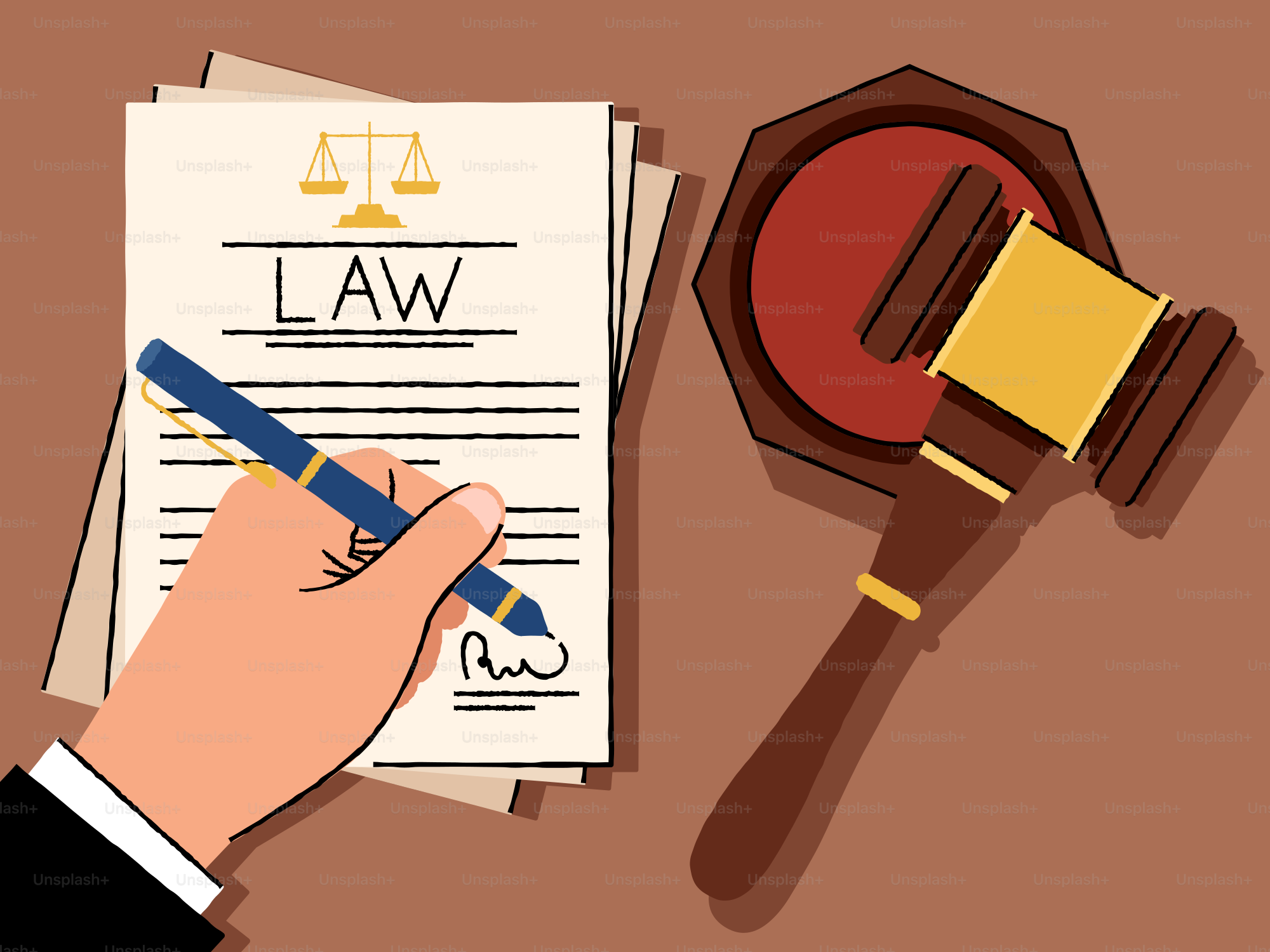 Law documents are being signed and a gavel rests nearby.
